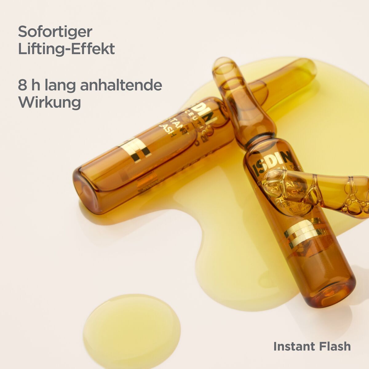 Zwei Ampullen mit Serum. Text: Sofortiger Lifting-Effekt, 8 h lang anhaltende Wirkung.