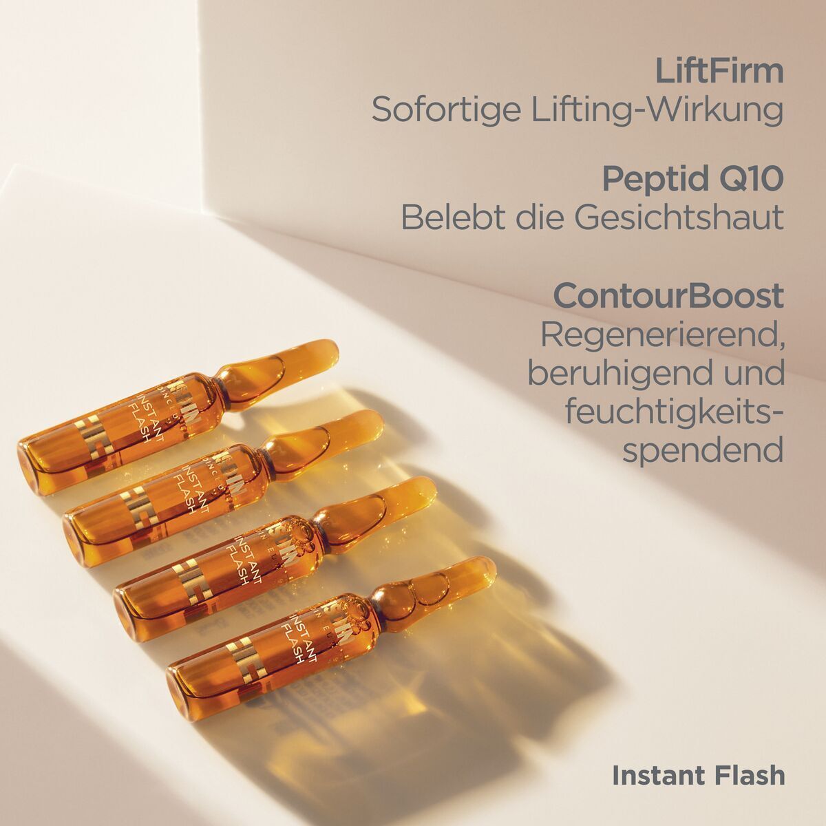 Vier Ampullen. Text: LiftFirm, Peptid Q10, ContourBoost. Sofortige Lifting-Wirkung, belebt die Gesichtshaut.