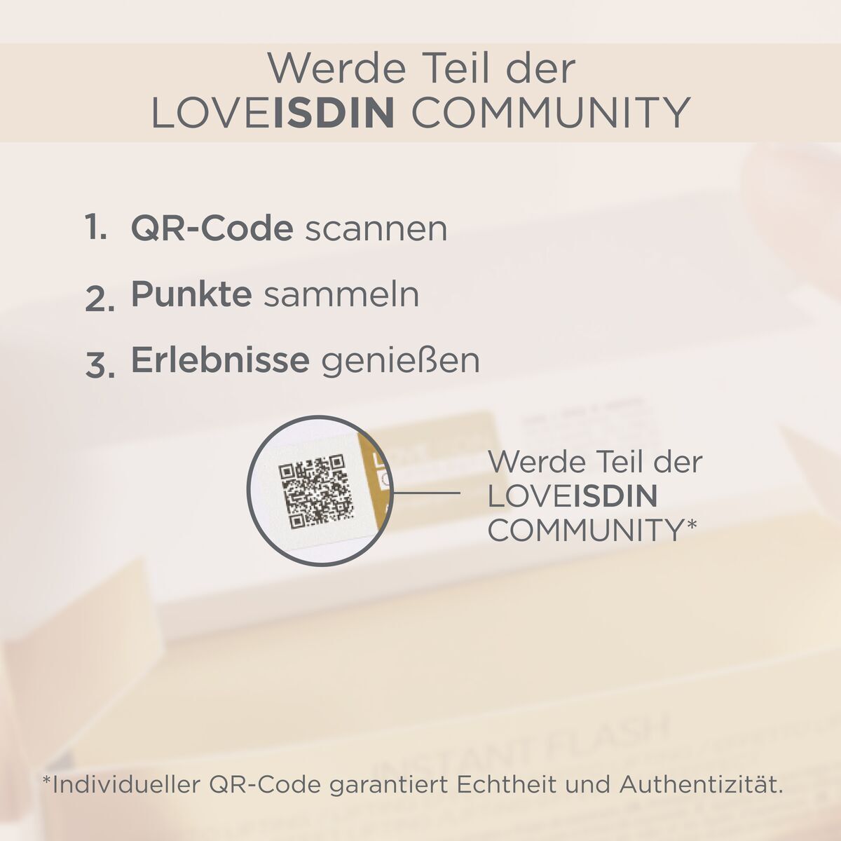 QR-Code. Text: Werde Teil der LOVEISDIN COMMUNITY. QR-Code scannen, Punkte sammeln, Erlebnisse genießen.