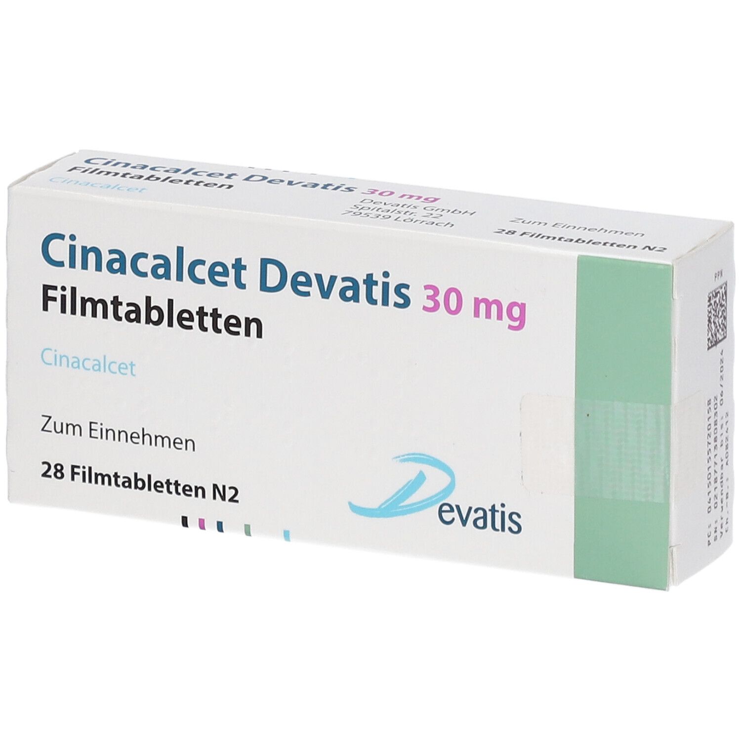Packung CINACALCET Devatis 30 mg Filmtabletten, 28 Stück.