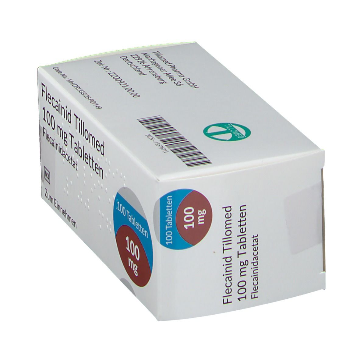 Schräg stehende Tablettenbox. Aufschrift: Flecainid Tillomed 100 mg Tabletten, 100 Tabletten, 100 mg. Mit blauem und braunem Kreis.