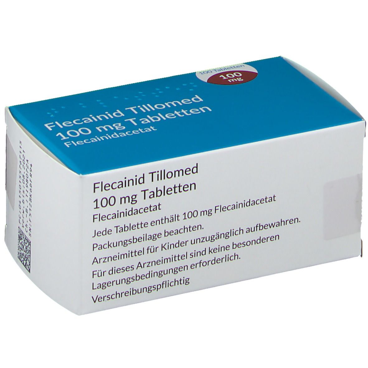 Tablettenbox mit blauer Oberseite. Aufschrift: Flecainid Tillomed 100 mg Tabletten. Mit braunem und blauem Kreis mit 100 mg.