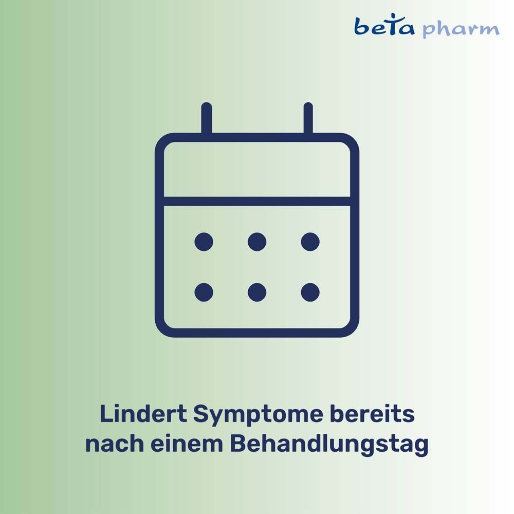 Kalender-Symbol. Text: Lindert Symptome bereits nach einem Behandlungstag. Logo beta pharm.