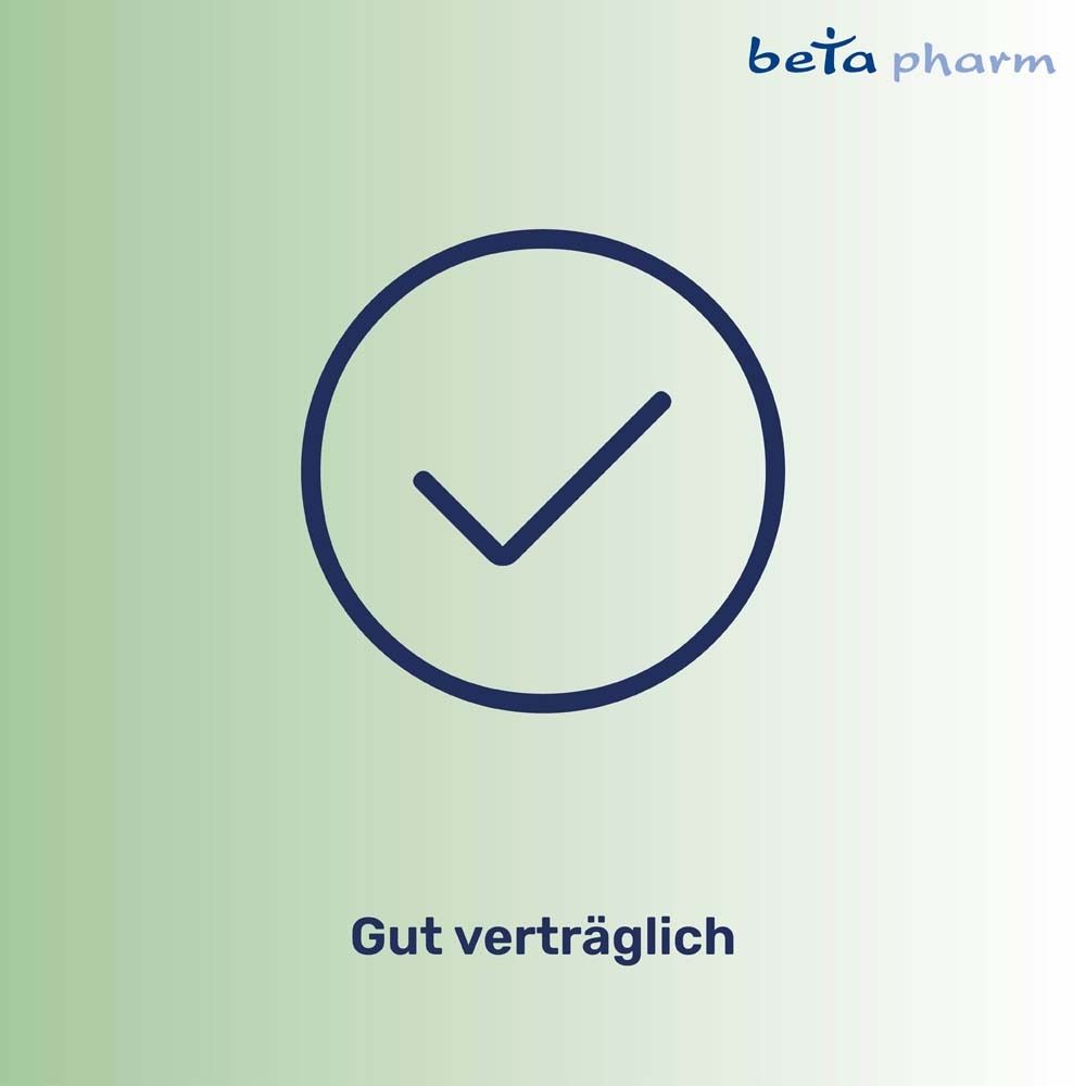 Häkchen in einem Kreis. Text: Gut verträglich. Logo beta pharm.