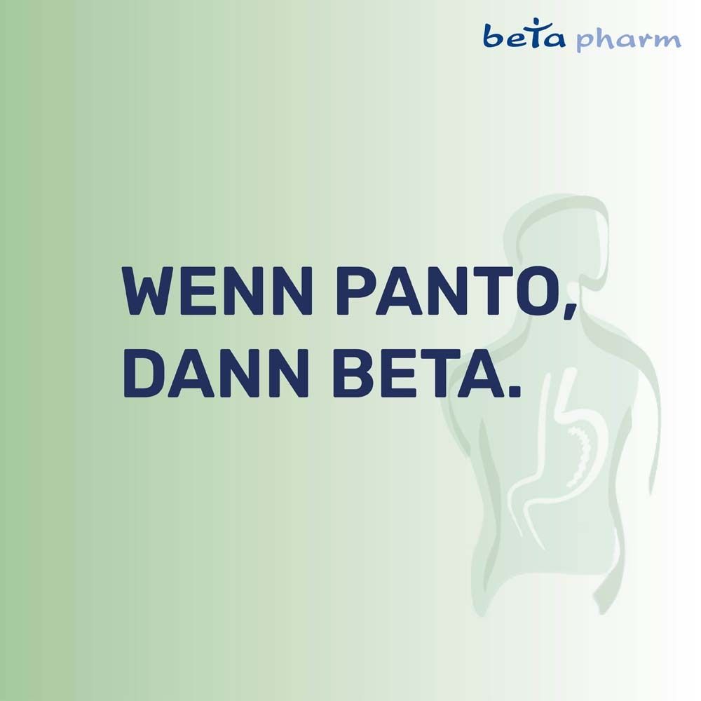 Text: Wenn Panto, dann Beta. Grafik: Umriss einer Person mit Magen-Illustration. Logo beta pharm.