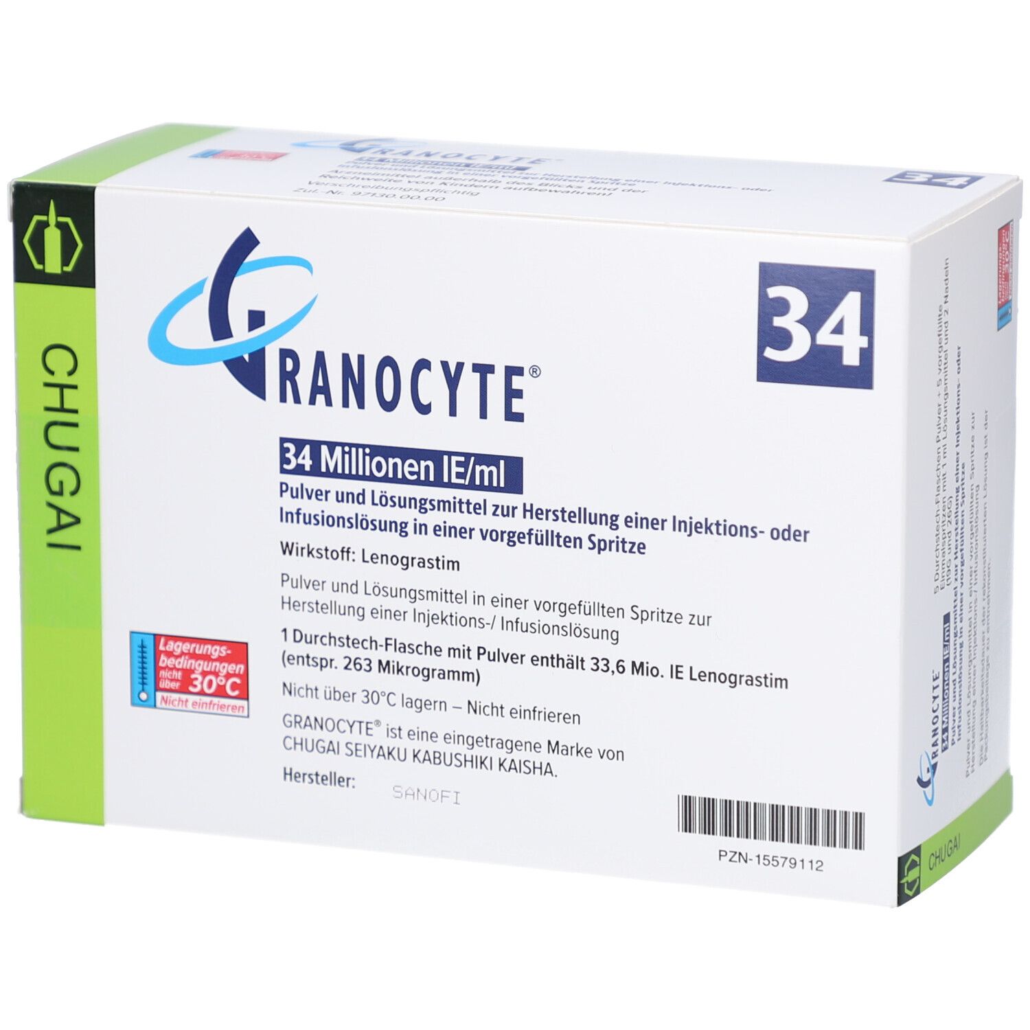 Karton GRANOCYTE 34 Mio.IE/ml. Enthält Pulver und Lösungsmittel zur Herstellung einer Injektions- oder Infusionslösung. CHUGAI-Logo.
