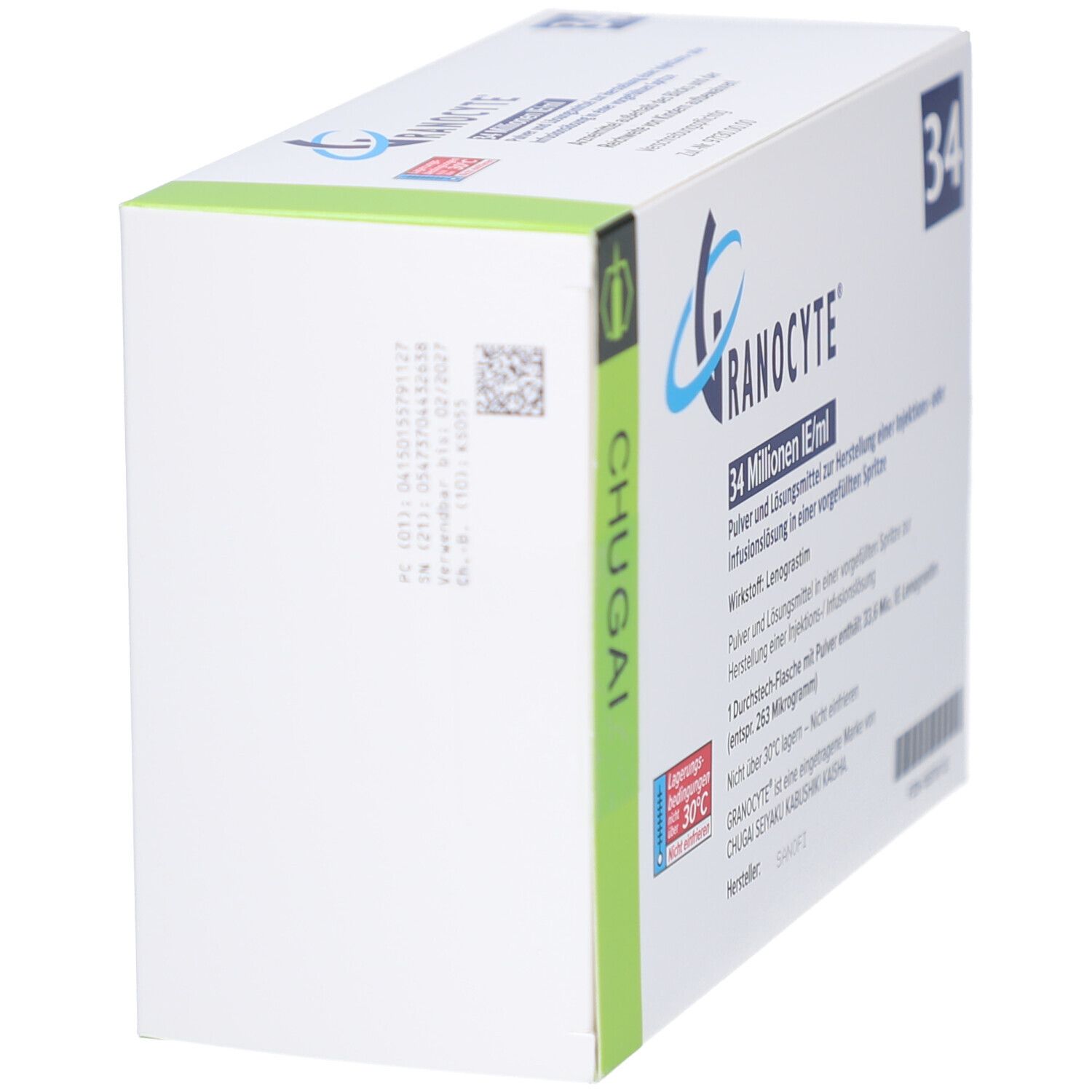 Seitenansicht der GRANOCYTE-Verpackung. Aufdruck mit Produktinformationen und CHUGAI-Logo. Weiße Schachtel mit grünen Akzenten.