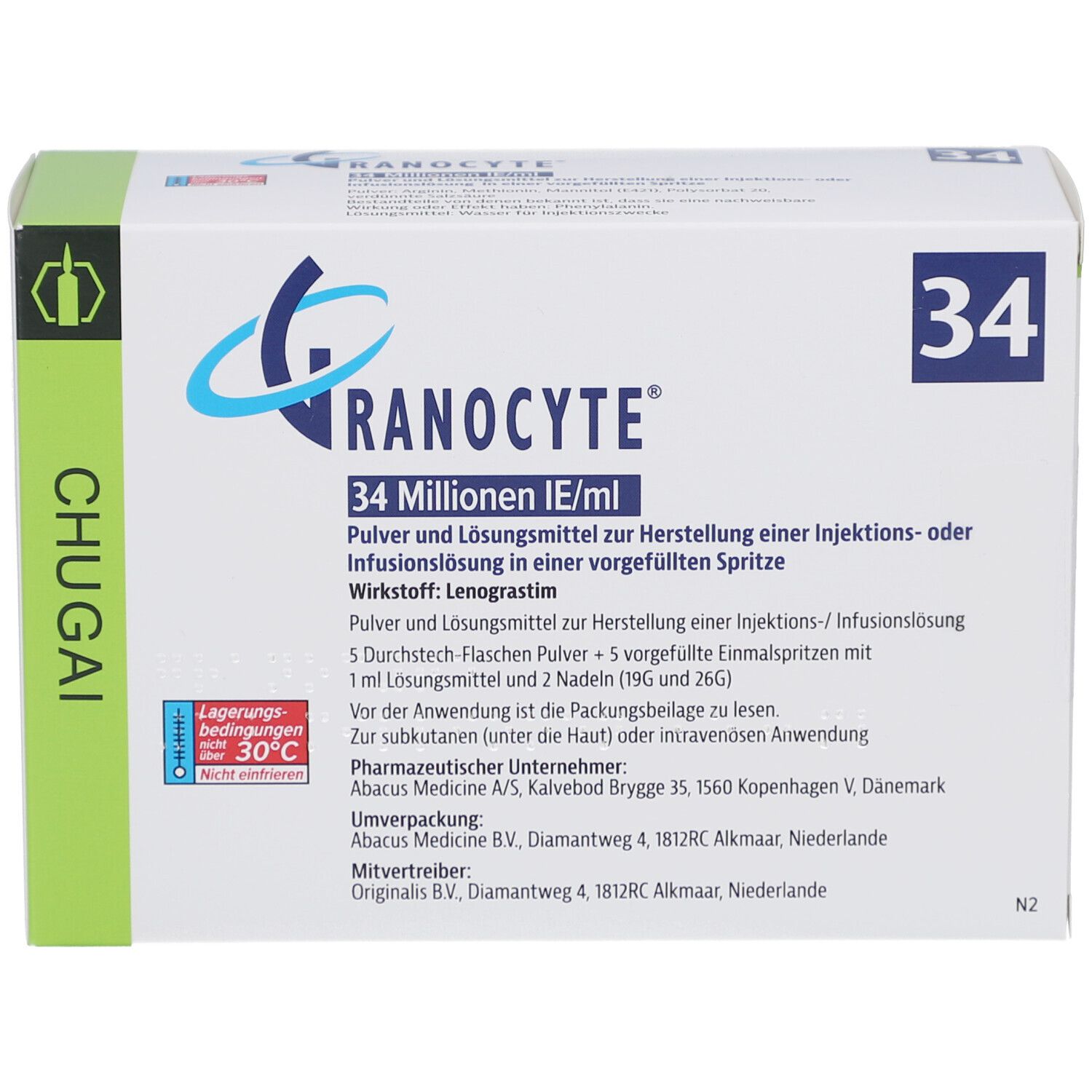 Karton GRANOCYTE 34 Mio.IE/ml. Enthält Pulver und Lösungsmittel zur Herstellung einer Injektions- oder Infusionslösung. CHUGAI-Logo.