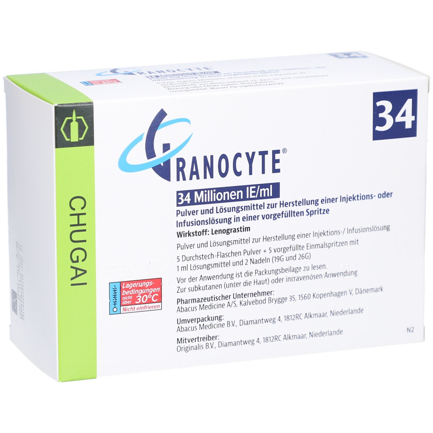Karton GRANOCYTE 34 Mio.IE/ml. Enthält Pulver und Lösungsmittel zur Herstellung einer Injektions- oder Infusionslösung. CHUGAI-Logo.