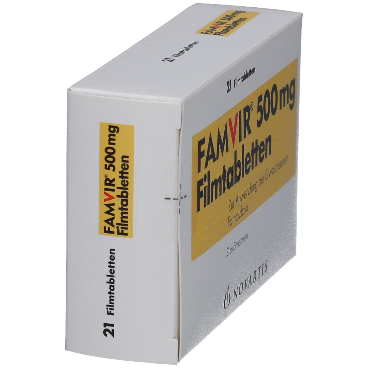 FAMVIR 500 mg Filmtabletten-Packung, schräg. Weißer Karton mit gelbem Feld. Schriftzug: FAMVIR 500 mg Filmtabletten. 21 Filmtabletten.