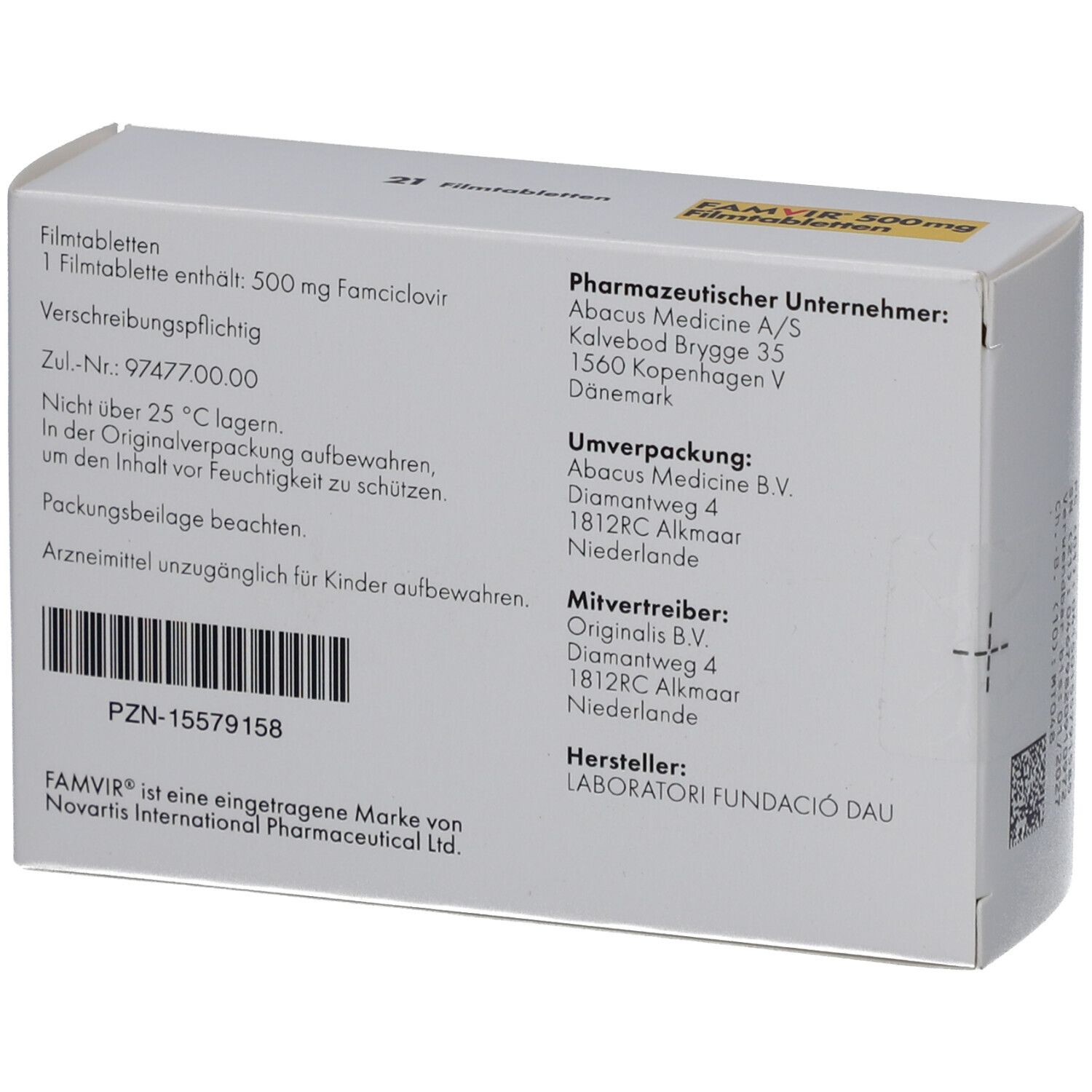 Rückseite der FAMVIR 500 mg Filmtabletten-Packung. Enthält Informationen zu Inhaltsstoffen, Hersteller und Vertrieb.