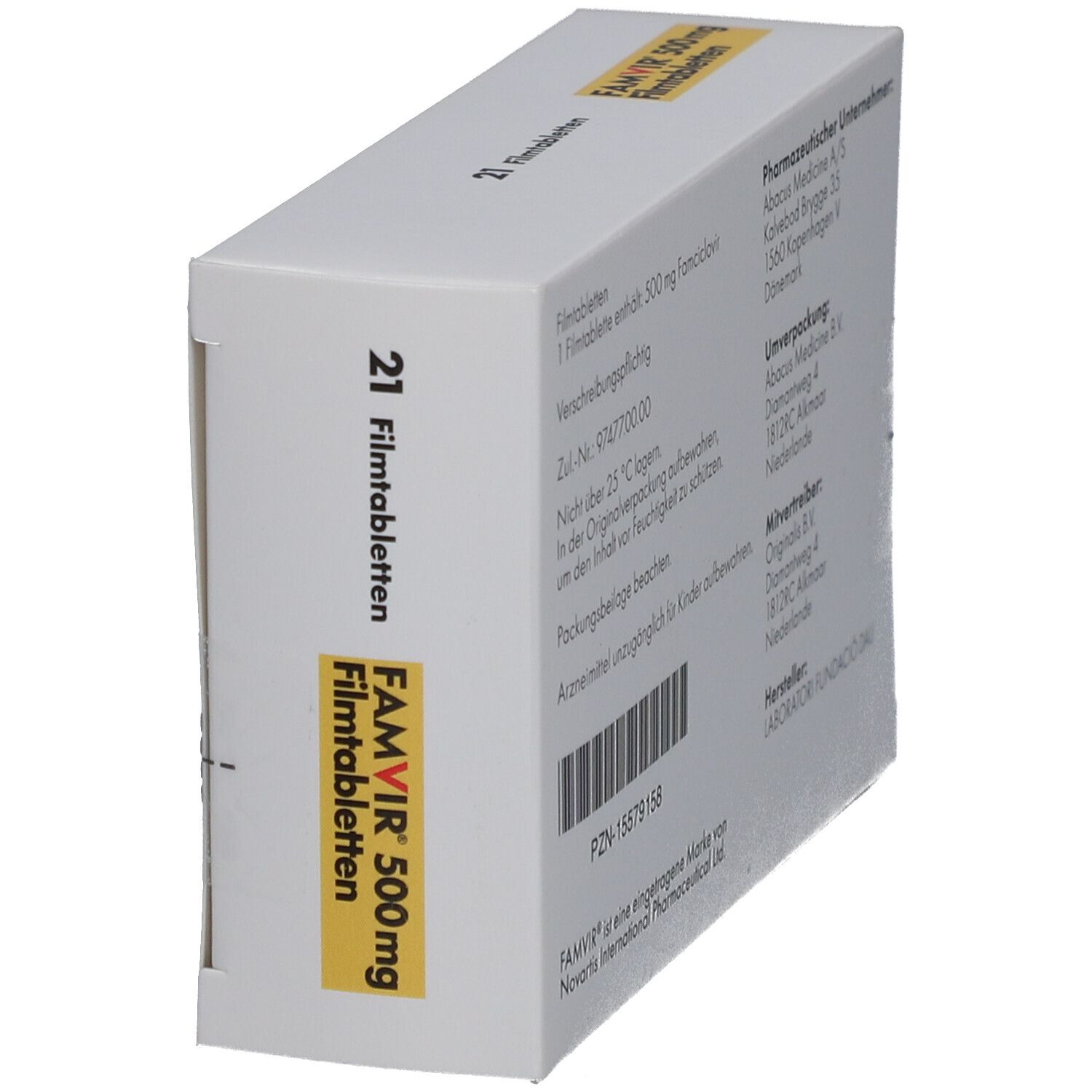 FAMVIR 500 mg Filmtabletten-Packung, schräg. Weißer Karton mit gelbem Feld. 21 Filmtabletten. Informationen auf der Seite.