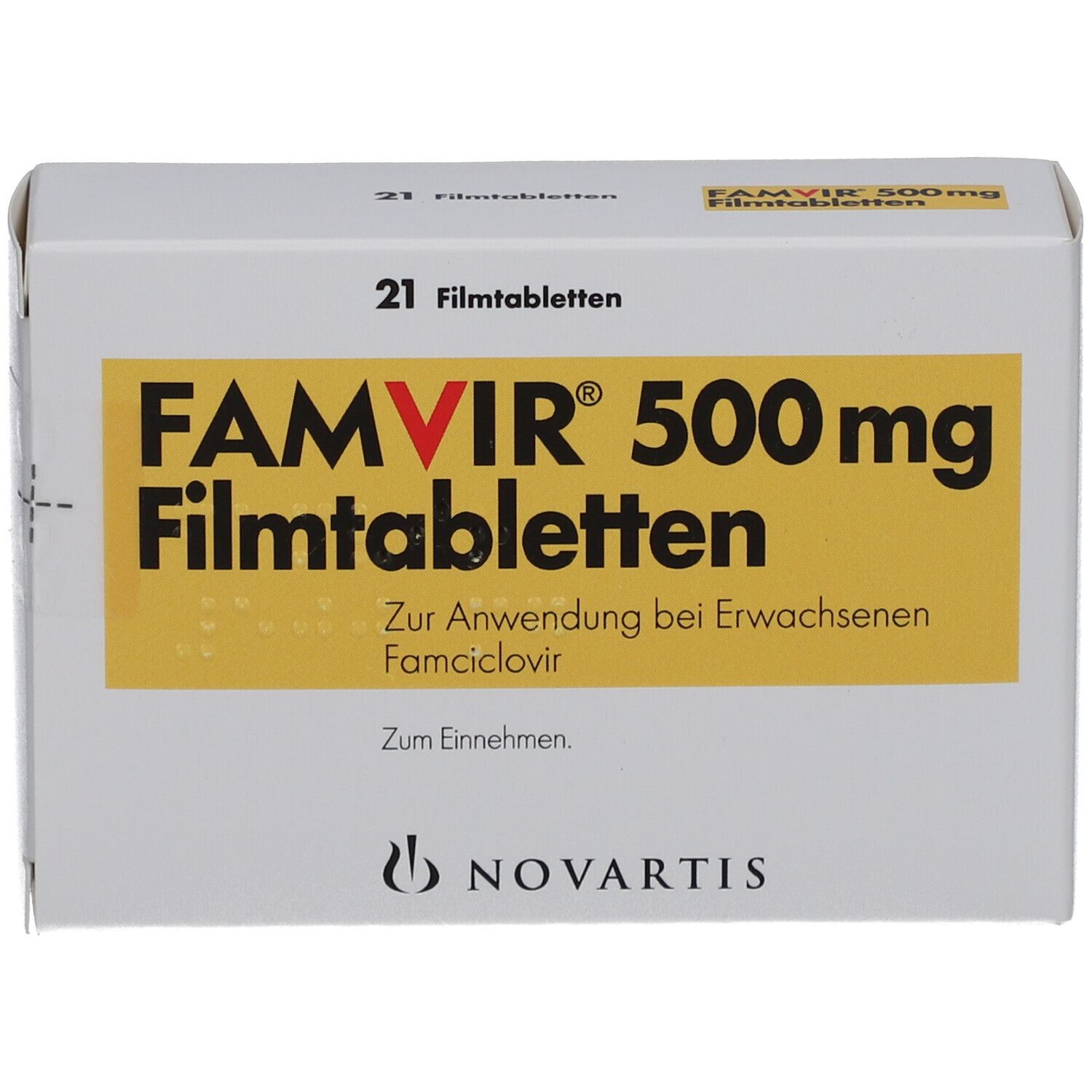 FAMVIR 500 mg Filmtabletten-Packung. Weißer Karton mit gelbem Feld. Schriftzug: FAMVIR 500 mg Filmtabletten. 21 Filmtabletten.