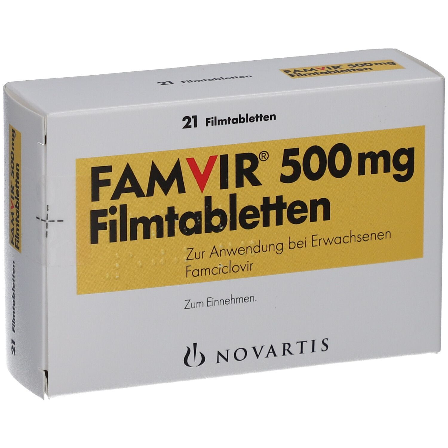 FAMVIR 500 mg Filmtabletten-Packung. Weißer Karton mit gelbem Feld. Schriftzug: FAMVIR 500 mg Filmtabletten. 21 Filmtabletten.