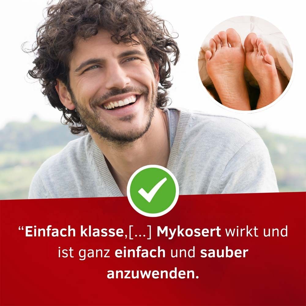 Mann lächelt. Text: "Mykosert wirkt und ist ganz einfach und sauber anzuwenden." Fuß-Bild.
