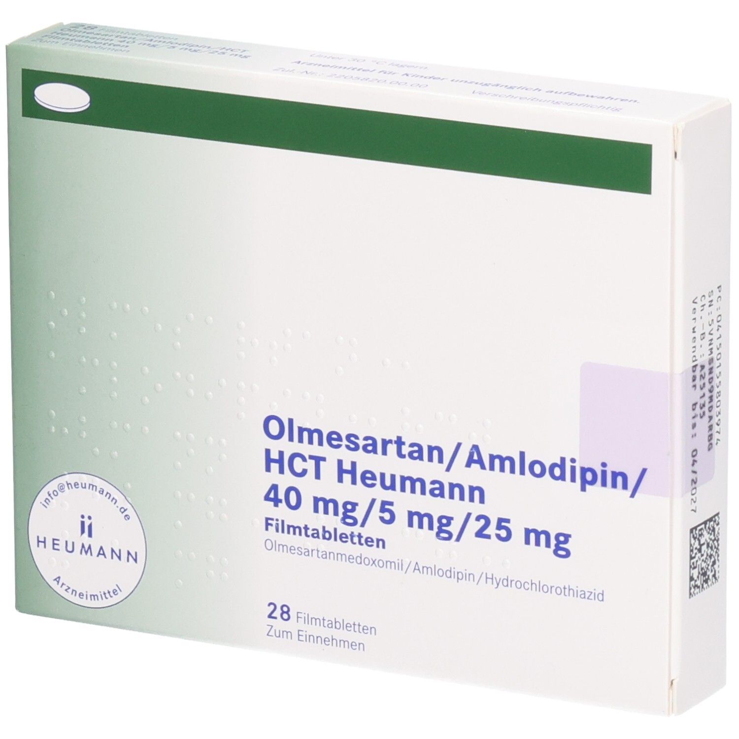 Weiße Arzneimittelverpackung mit grünen Akzenten. Beschriftung: Olmesartan/Amlodipin/HCT Heumann 40/5/25mg. 28 Filmtabletten. Heumann Logo.
