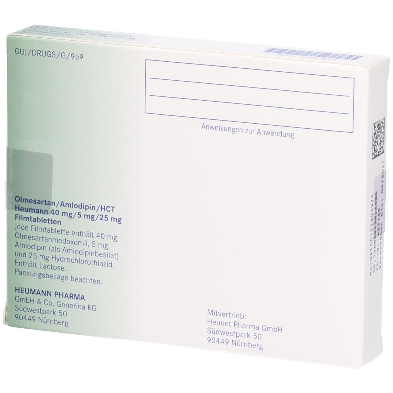 Rückseite der weißen Arzneimittelverpackung. Beschriftung: Olmesartan/Amlodipin/HCT Heumann 40/5/25mg. Inhaltsstoffe. Heumann Pharma GmbH Logo.