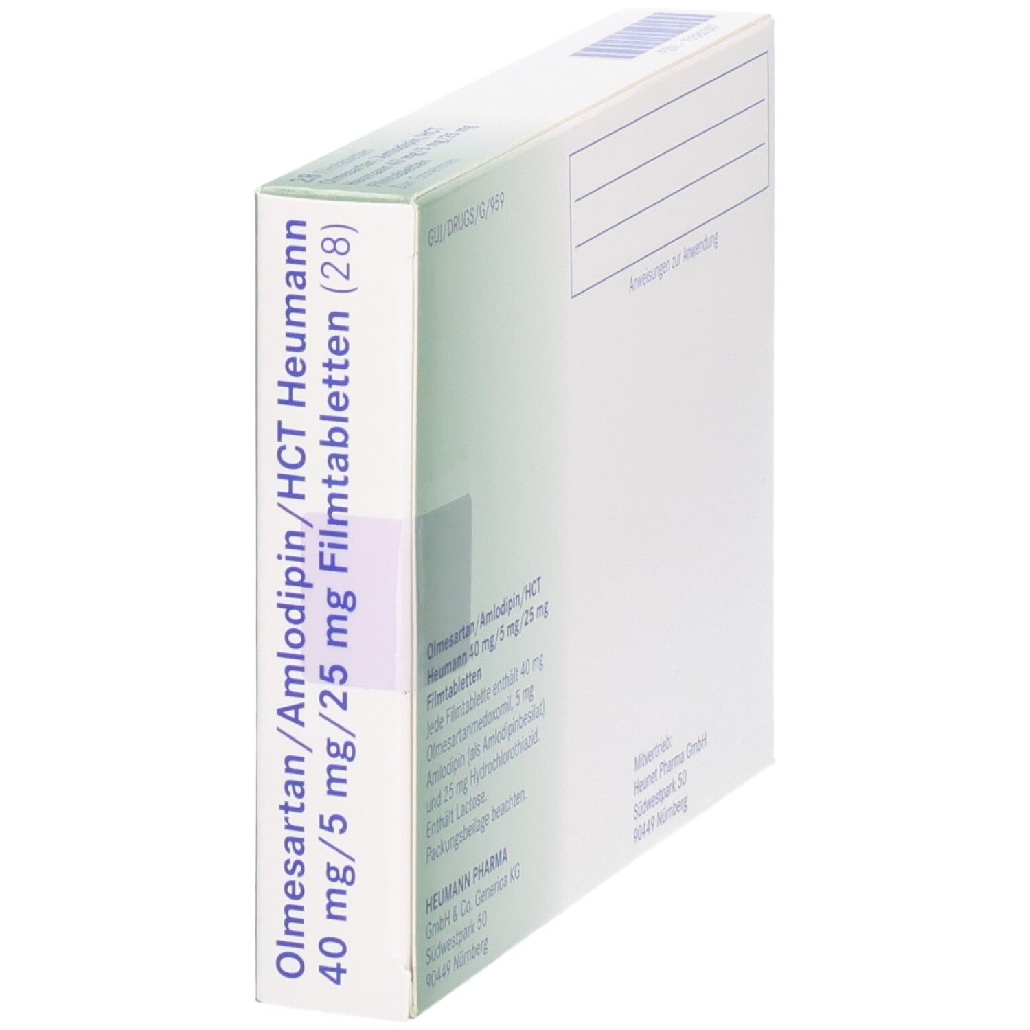 Schrägansicht der weißen Arzneimittelverpackung. Beschriftung: Olmesartan/Amlodipin/HCT Heumann 40/5/25mg. 28 Filmtabletten. Heumann Pharma GmbH.
