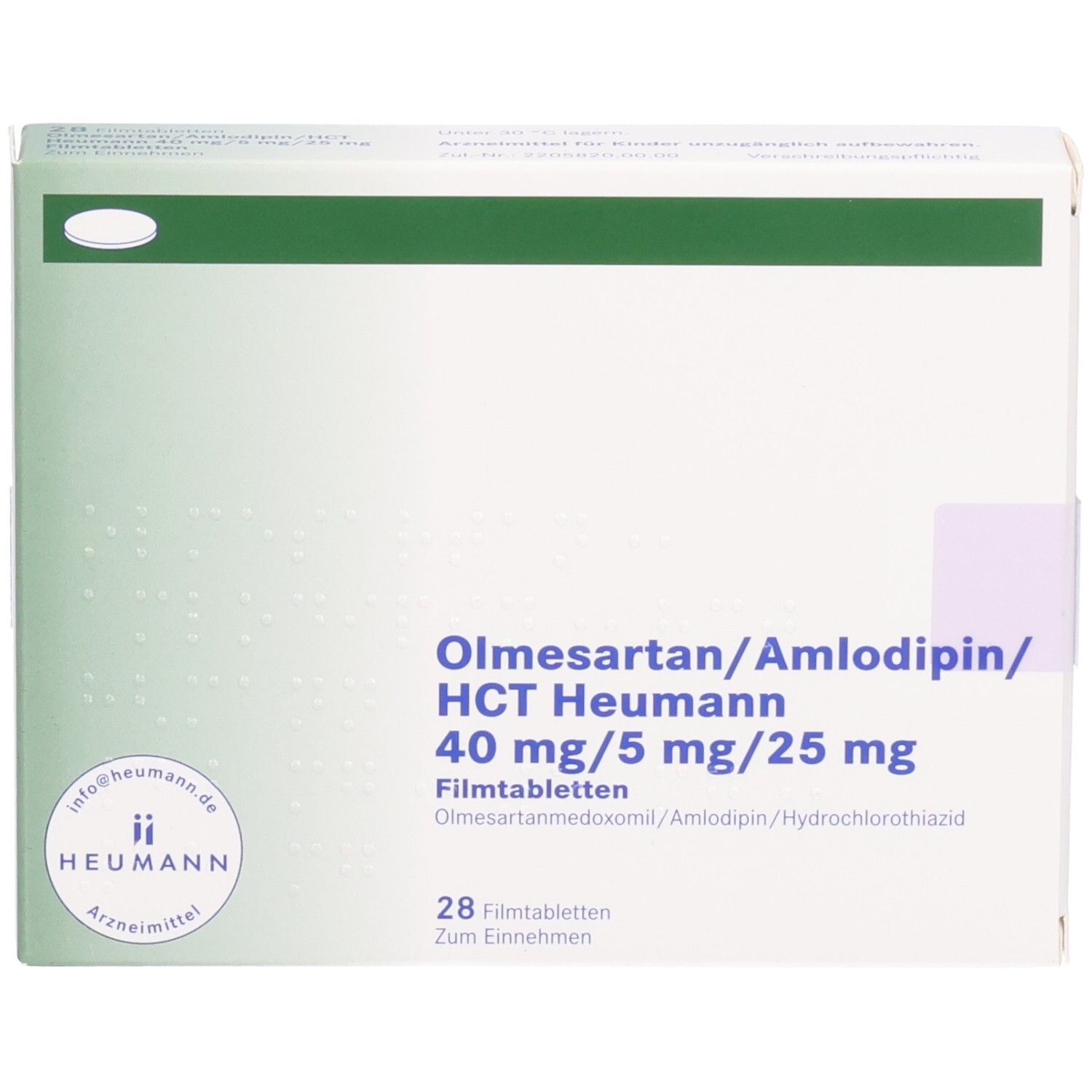 Weiße Arzneimittelverpackung mit grünen Akzenten. Beschriftung: Olmesartan/Amlodipin/HCT Heumann 40/5/25mg. 28 Filmtabletten. Heumann Logo.