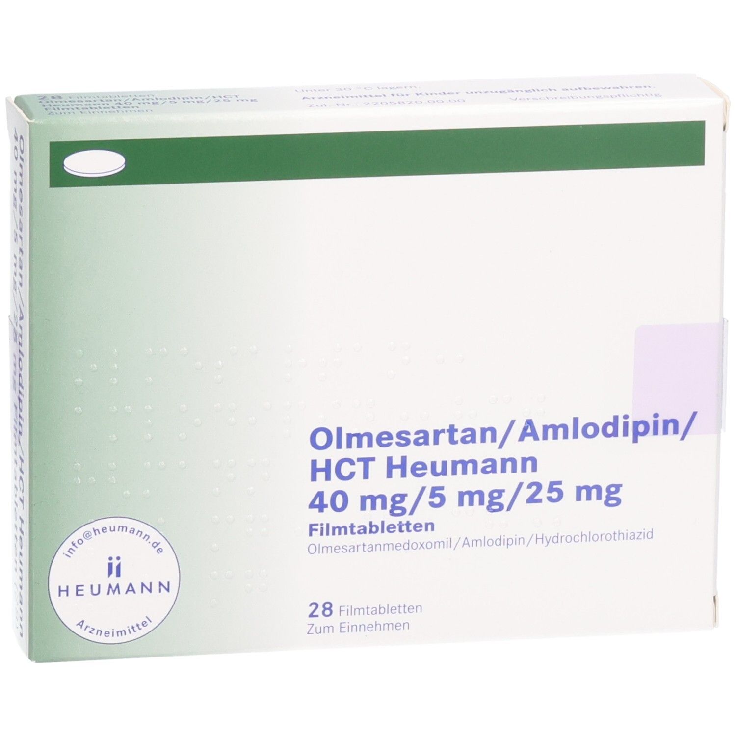 Weiße Arzneimittelverpackung mit grünen Akzenten. Beschriftung: Olmesartan/Amlodipin/HCT Heumann 40/5/25mg. 28 Filmtabletten. Heumann Logo.