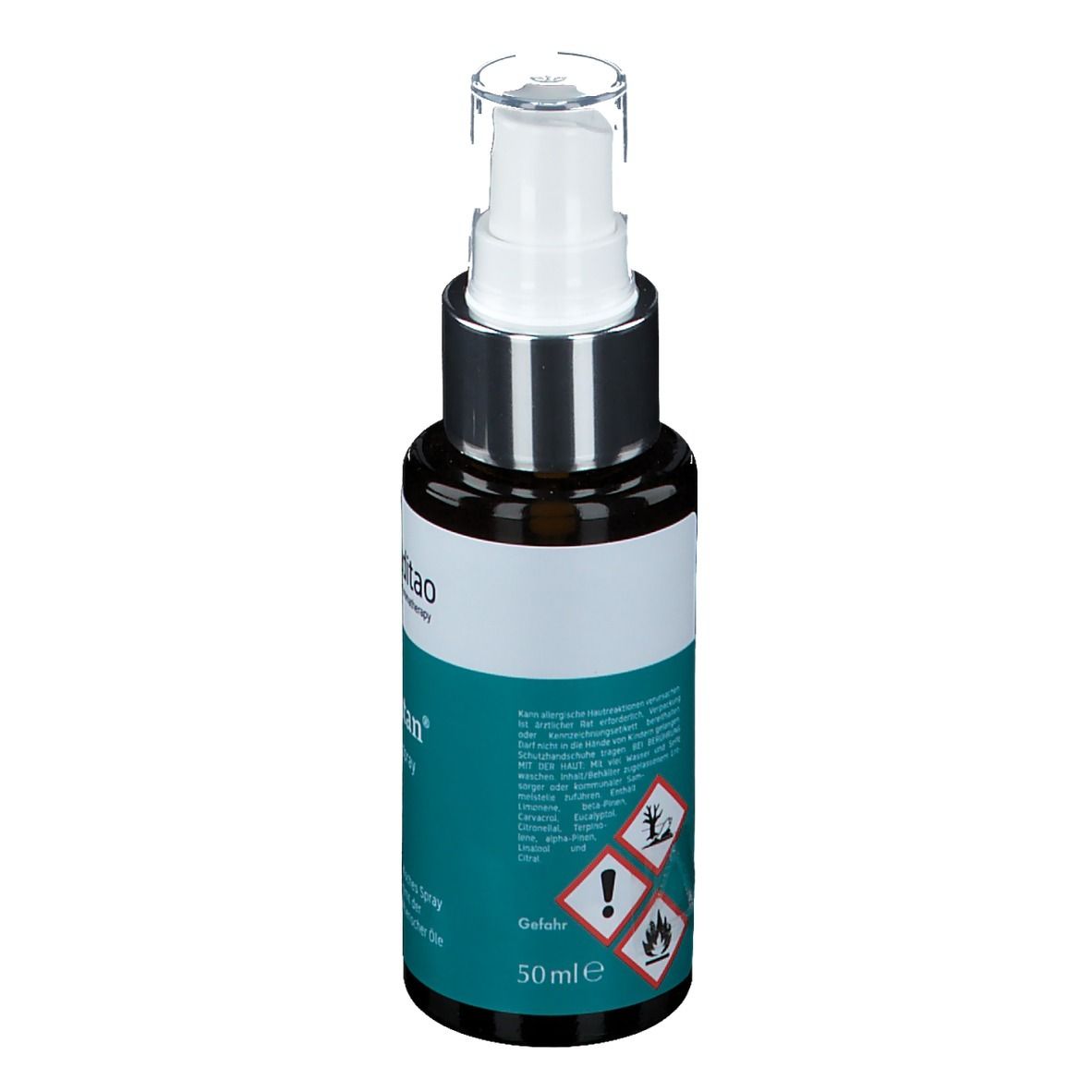 Braune Glasflasche mit weißem Sprühkopf. Aufschrift: Meditao, Oregatan Hygienespray. Etikett mit Gefahrensymbolen und Text.