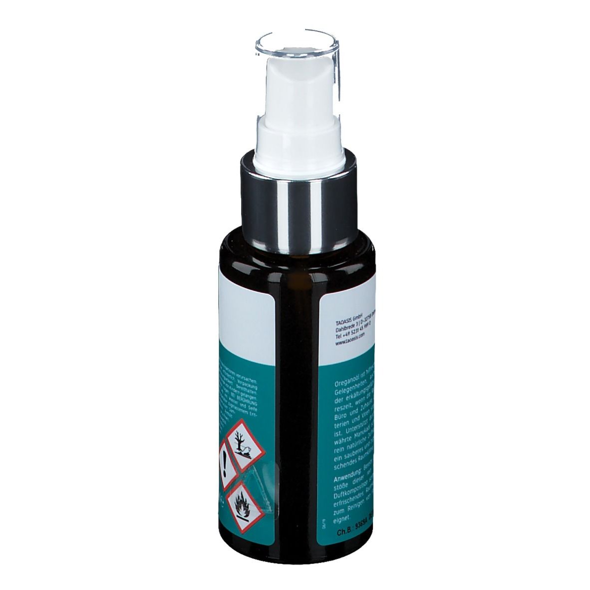 Braune Glasflasche mit weißem Sprühkopf. Aufschrift: Meditao, Oregatan Hygienespray. Etikett mit Text und Gefahrensymbolen.
