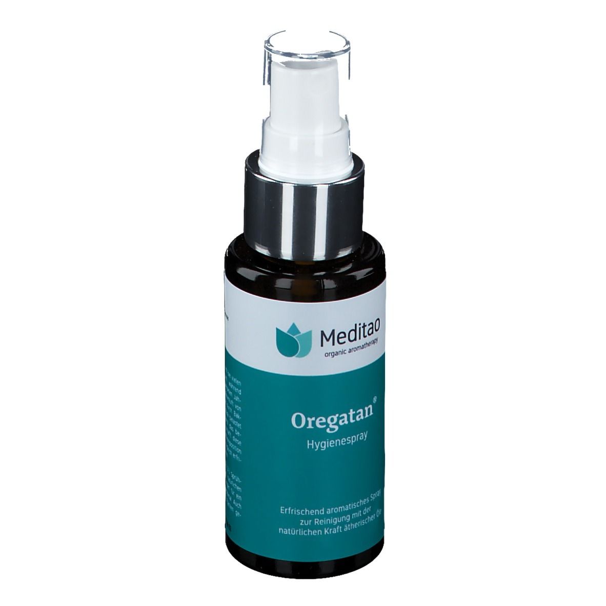 Braune Glasflasche mit weißem Sprühkopf. Aufschrift: Meditao, Oregatan Hygienespray. Türkis-weißes Etikett.