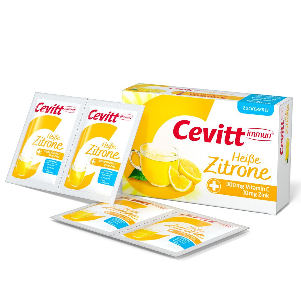Packung Cevitt immun Heiße Zitrone zuckerfrei mit drei Beuteln. Produktlogo und Abbildung einer Tasse.