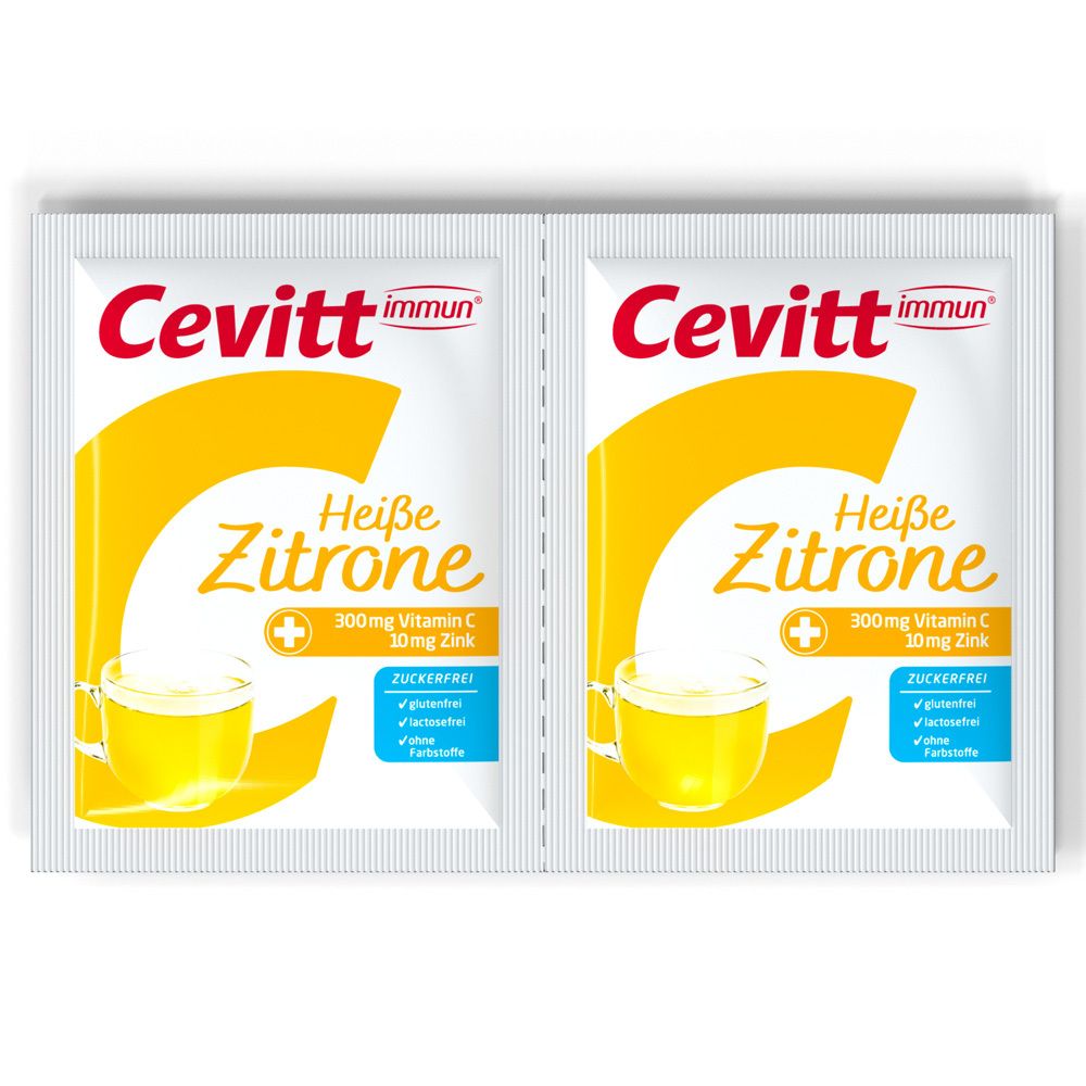 Zwei Beutel Cevitt immun Heiße Zitrone zuckerfrei. Produktlogo, Angaben zu Vitamin C und Zink.