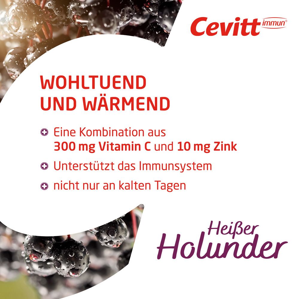 Text: Wohltuend und wärmend. Kombination aus Vitamin C und Zink. Unterstützt Immunsystem.