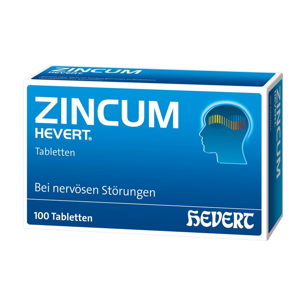 Blau-weiße Schachtel mit ZINCUM HEVERT Tabletten. Aufschrift: 100 Tabletten. Logo: Kopf mit farbigen Linien.