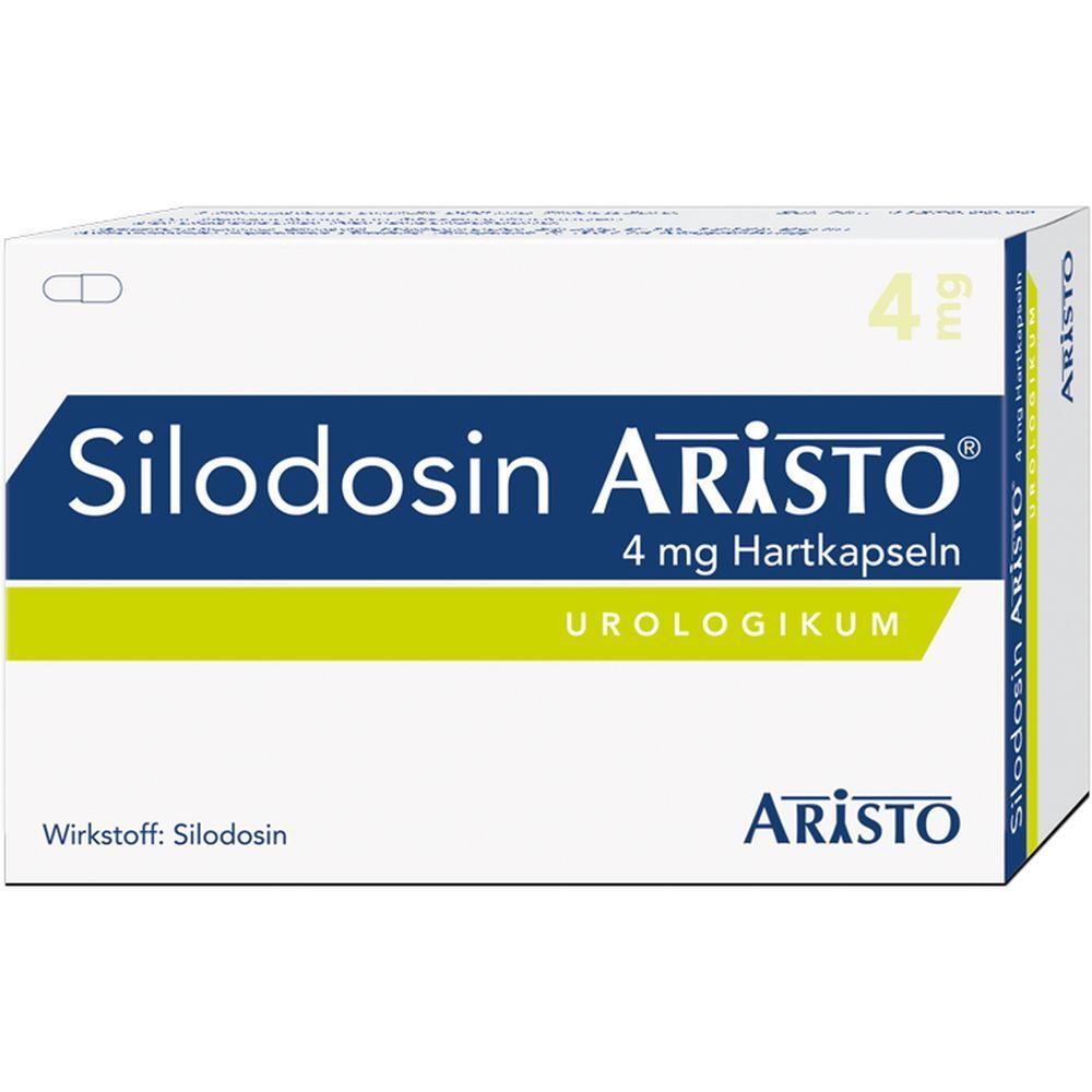 Schachtel Silodosin Aristo® 4 mg Hartkapseln. Urologikum. Wirkstoff: Silodosin. Aristo-Logo.