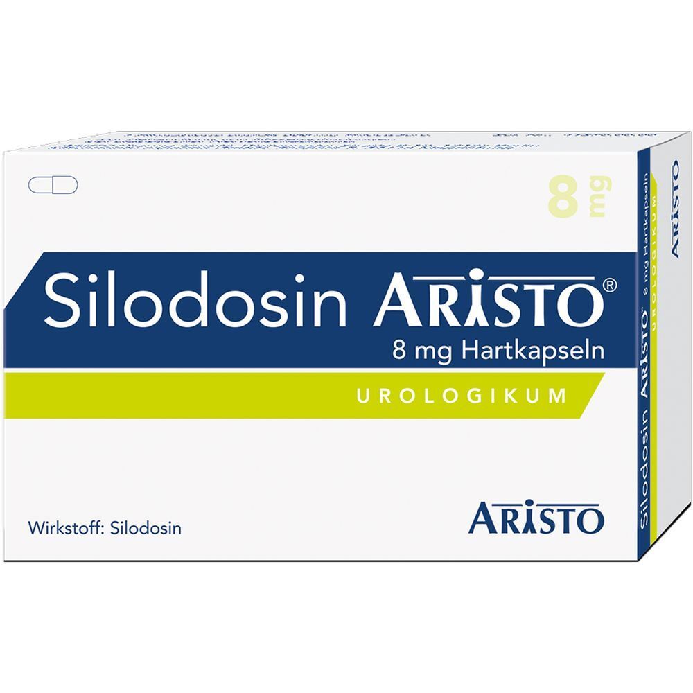 Schachtel Silodosin Aristo 8 mg Hartkapseln. Weiß, blau, gelbgrün. Schriftzug: Silodosin Aristo, 8 mg, Urologikum, Aristo.