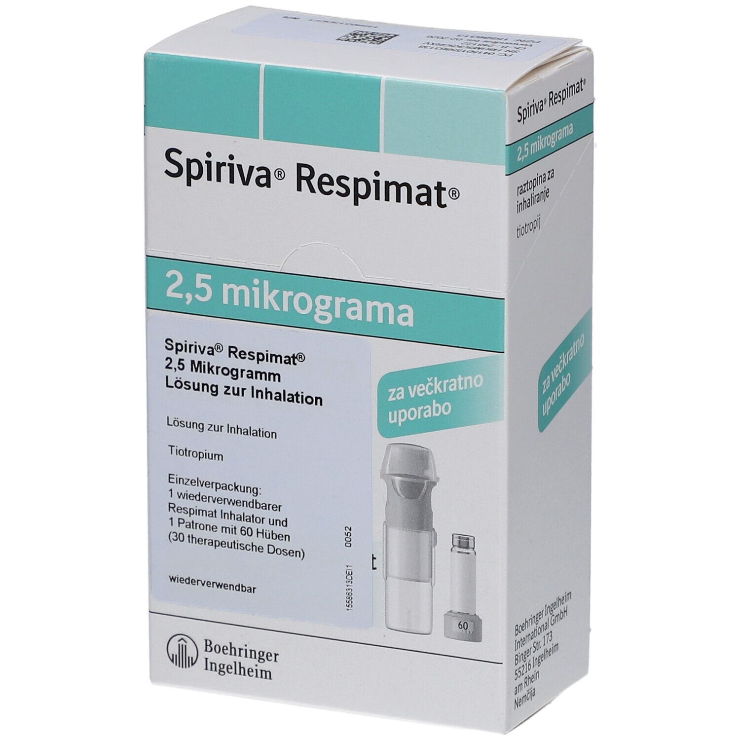 Schachtel SPIRIVA Respimat 2,5 Mikrogramm. Enthält Inhalator und Patrone mit 60 Hüben. Wiederverwendbar.