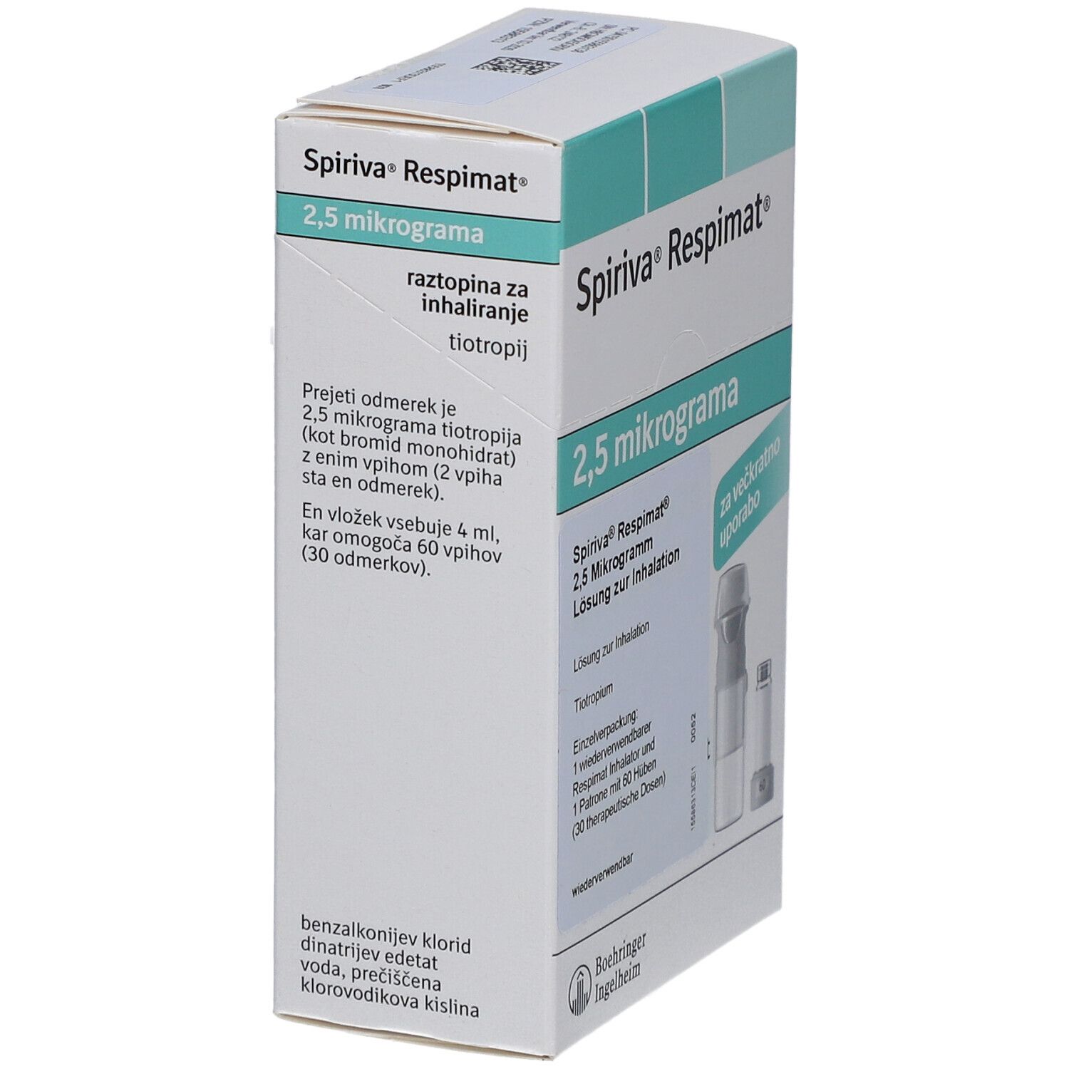 Schachtel SPIRIVA Respimat 2,5 Mikrogramm. Enthält Inhalator und Patrone. Text in Slowenisch.
