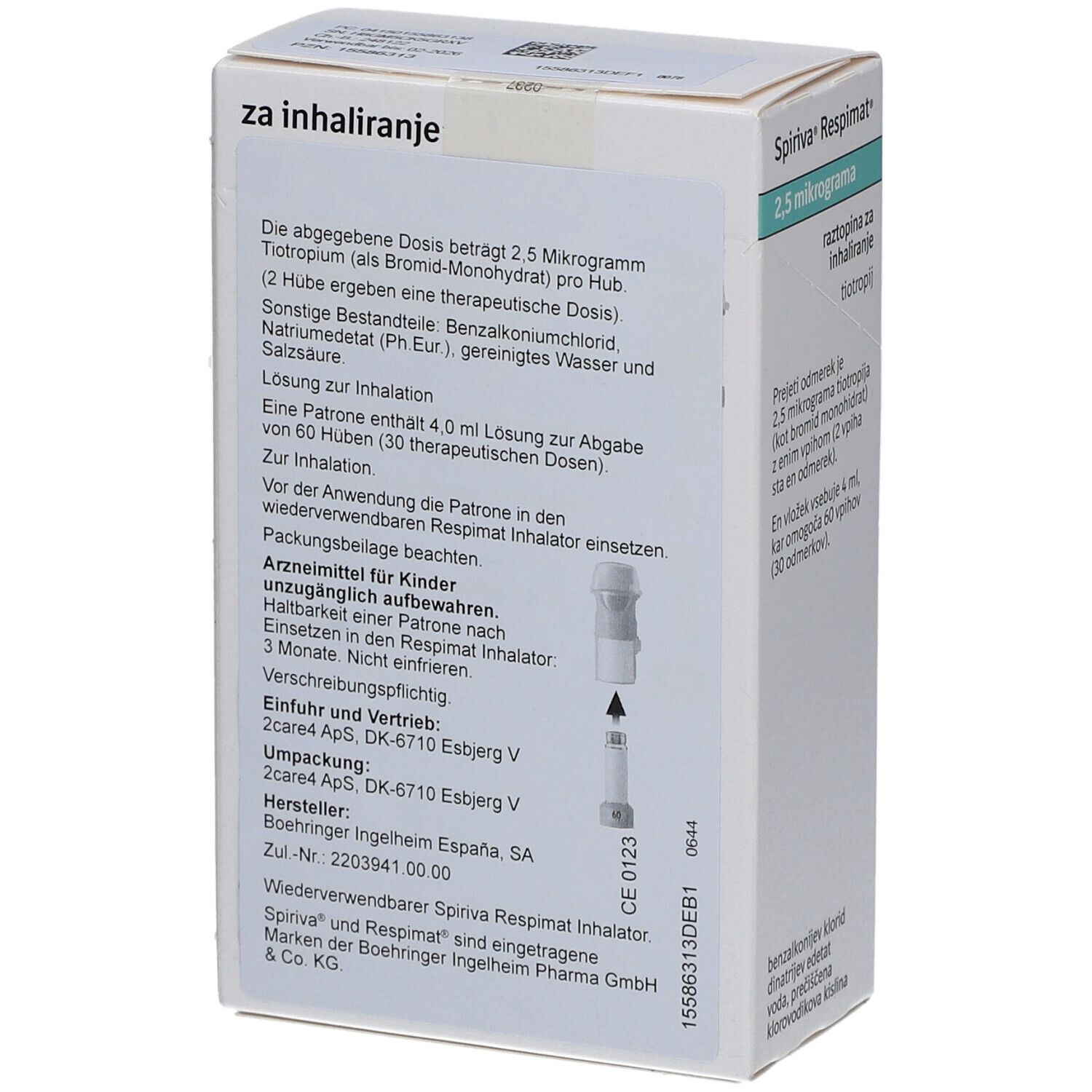 Rückseite der Schachtel SPIRIVA Respimat 2,5 Mikrogramm. Enthält Informationen zur Dosierung und Anwendung.