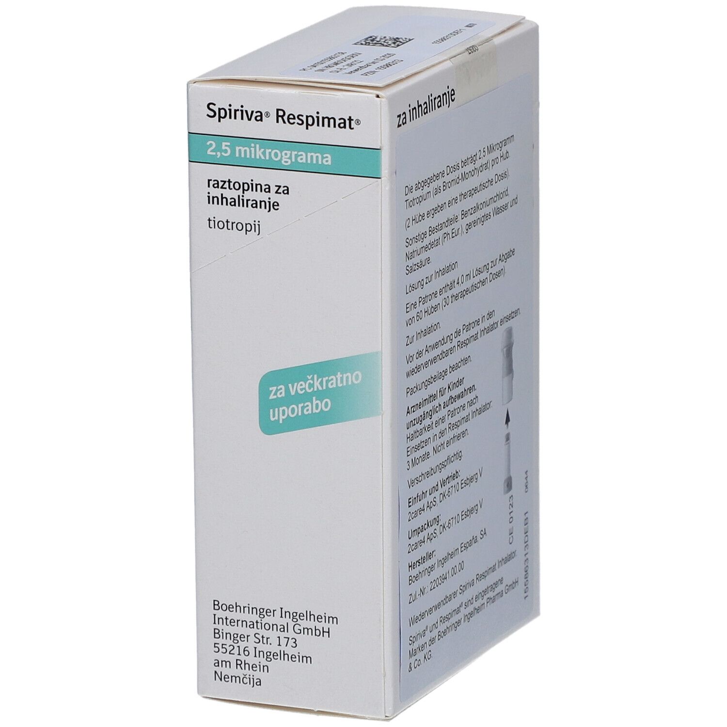 Schachtel SPIRIVA Respimat 2,5 Mikrogramm. Enthält Inhalator und Patrone. Text in Slowenisch.