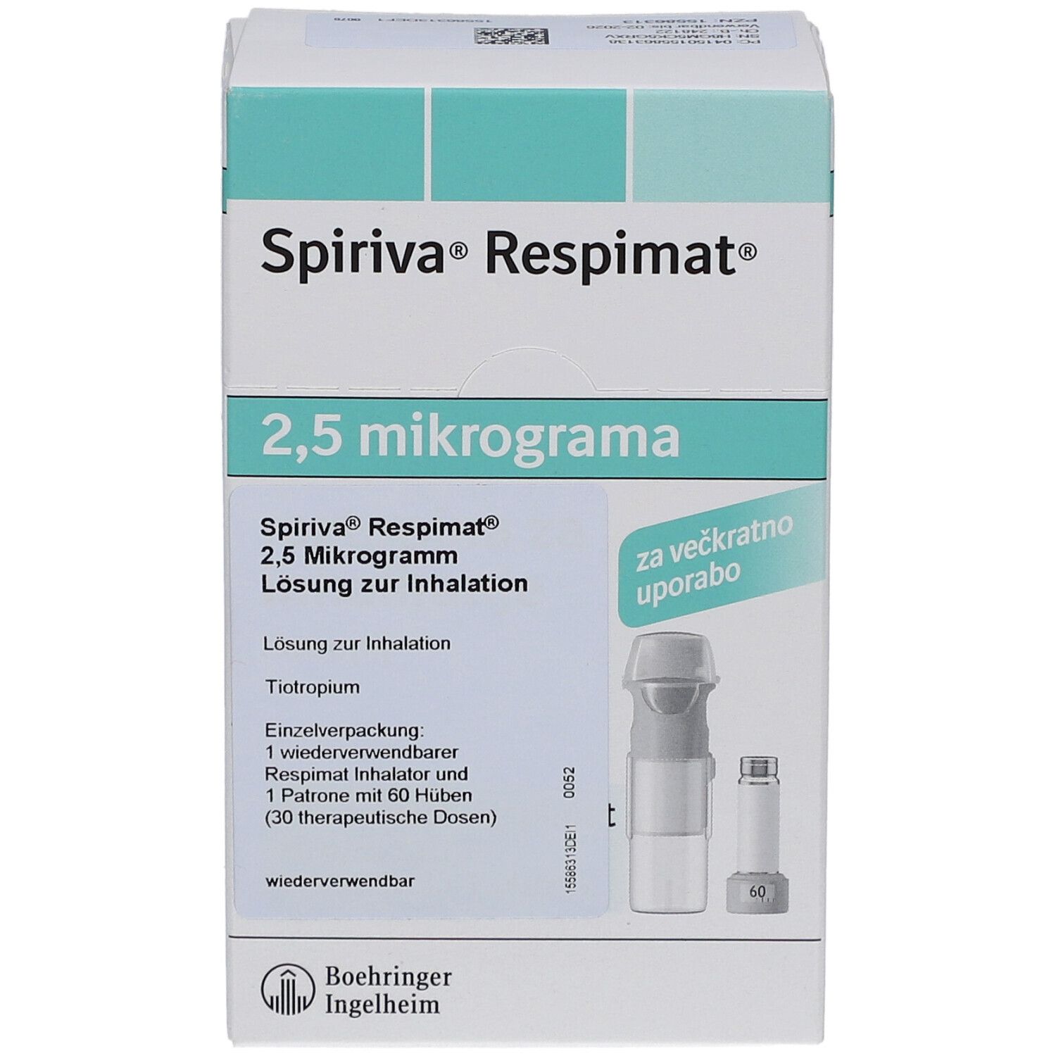 Schachtel SPIRIVA Respimat 2,5 Mikrogramm. Enthält Inhalator und Patrone mit 60 Hüben. Wiederverwendbar.
