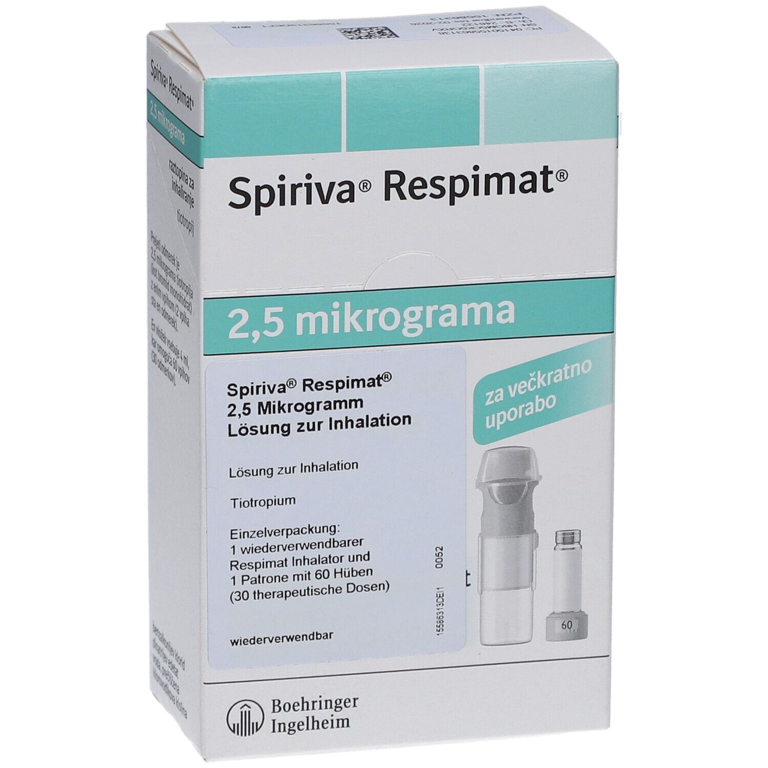 Schachtel SPIRIVA Respimat 2,5 Mikrogramm. Enthält Inhalator und Patrone mit 60 Hüben. Wiederverwendbar.