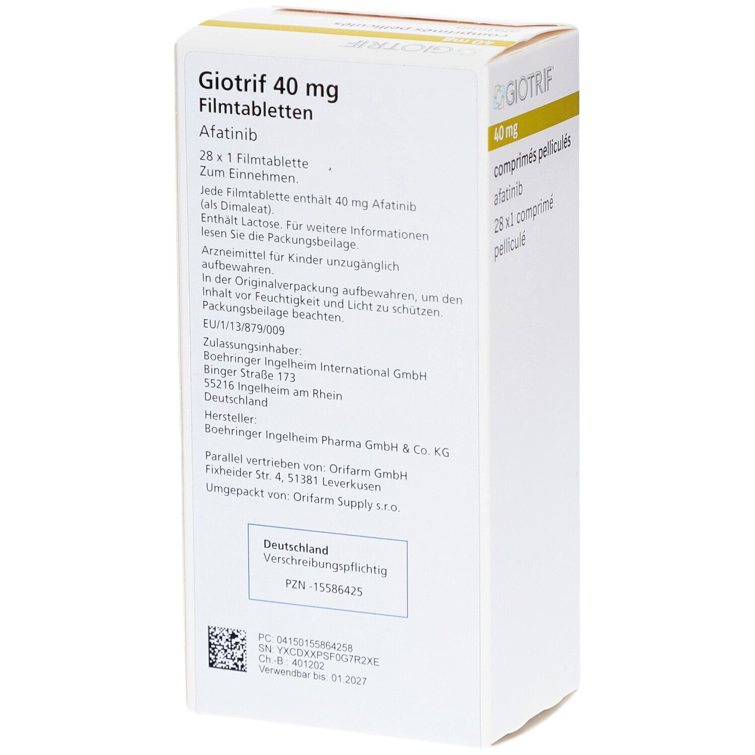 Rückseite der Schachtel mit GIOTRIF 40 mg Filmtabletten. Text: Giotrif 40 mg Filmtabletten, Afatinib, 28 x 1 Filmtablette.