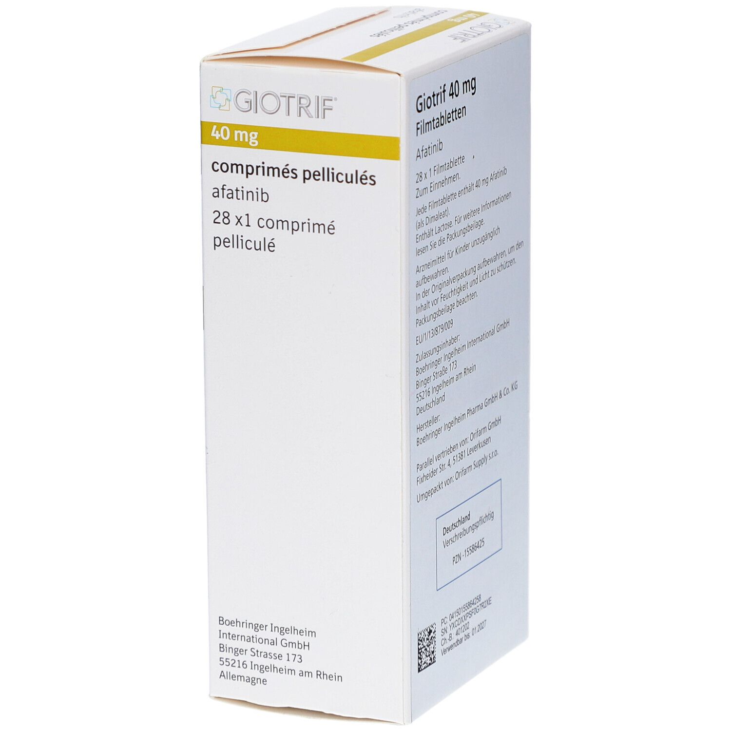 Schachtel mit GIOTRIF 40 mg Filmtabletten. Aufschrift: comprimés pelliculés, afatinib, 28 x 1 comprimé pelliculé.