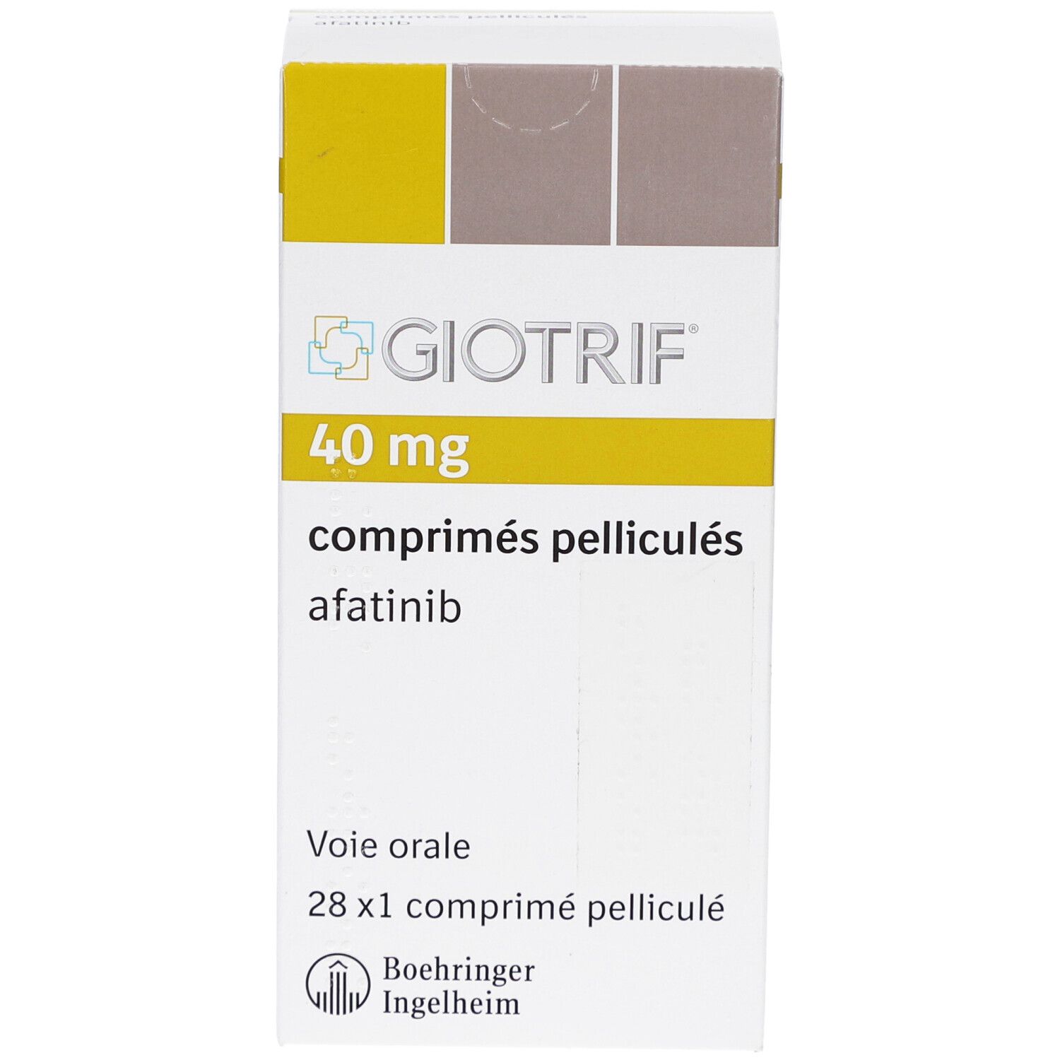 Schachtel mit GIOTRIF 40 mg Filmtabletten. Aufschrift: comprimés pelliculés, afatinib, 28 x 1 comprimé pelliculé.