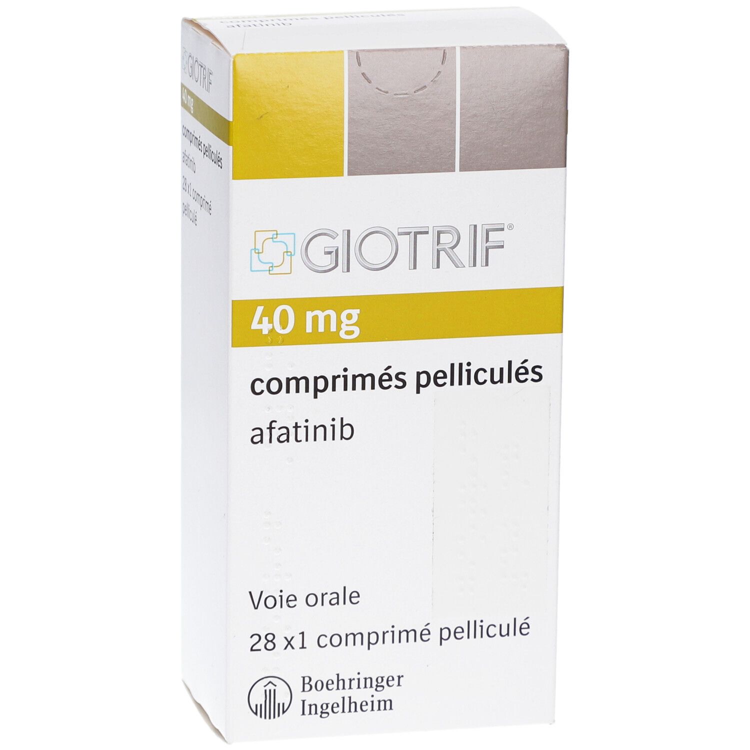 Schachtel mit GIOTRIF 40 mg Filmtabletten. Aufschrift: comprimés pelliculés, afatinib, 28 x 1 comprimé pelliculé.