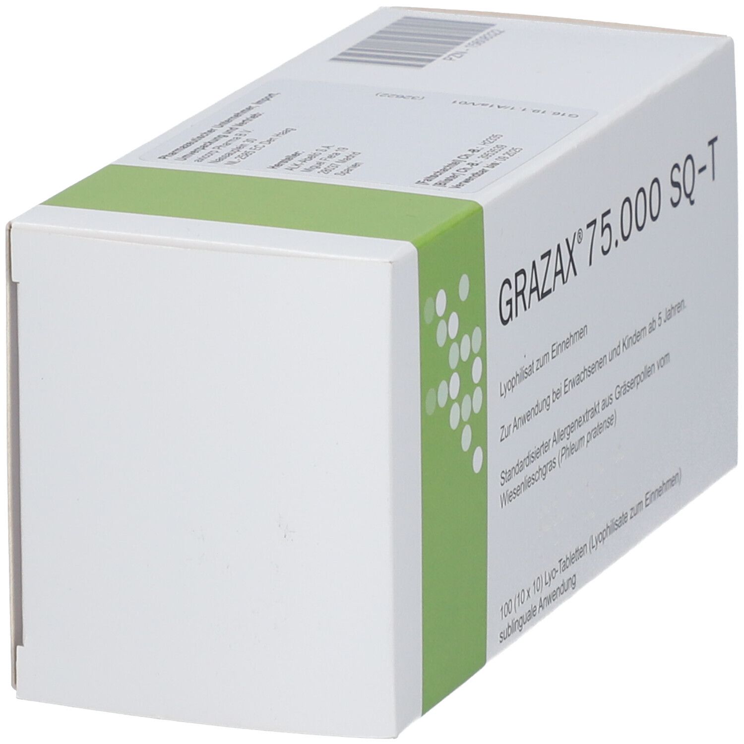 Weiße Schachtel mit grünem Streifen. Aufschrift: GRAZAX 75.000 SQ-T. Seitenansicht.