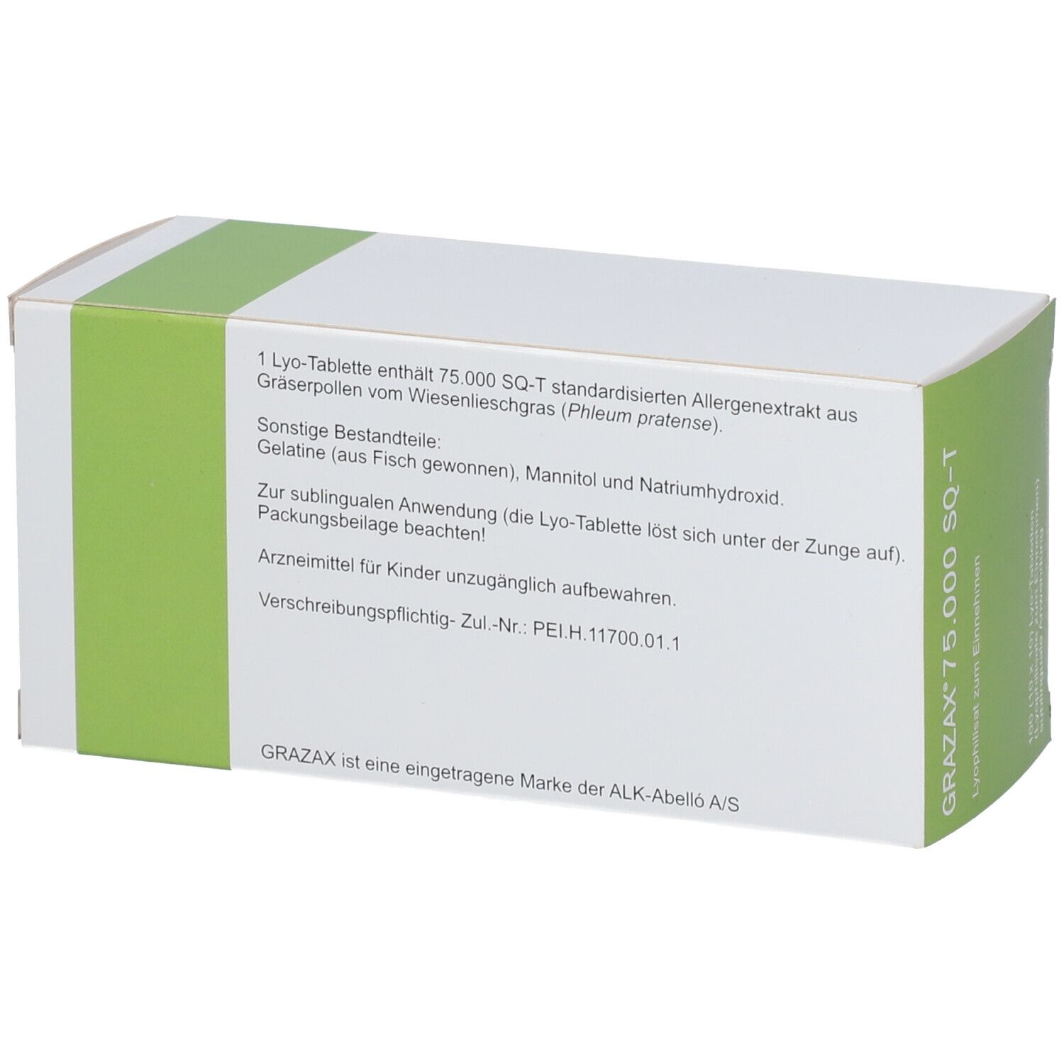 Weiße Schachtel mit grüner Seite. Text: 1 Lyo-Tablette enthält 75.000 SQ-T. Weitere Inhaltsstoffe.