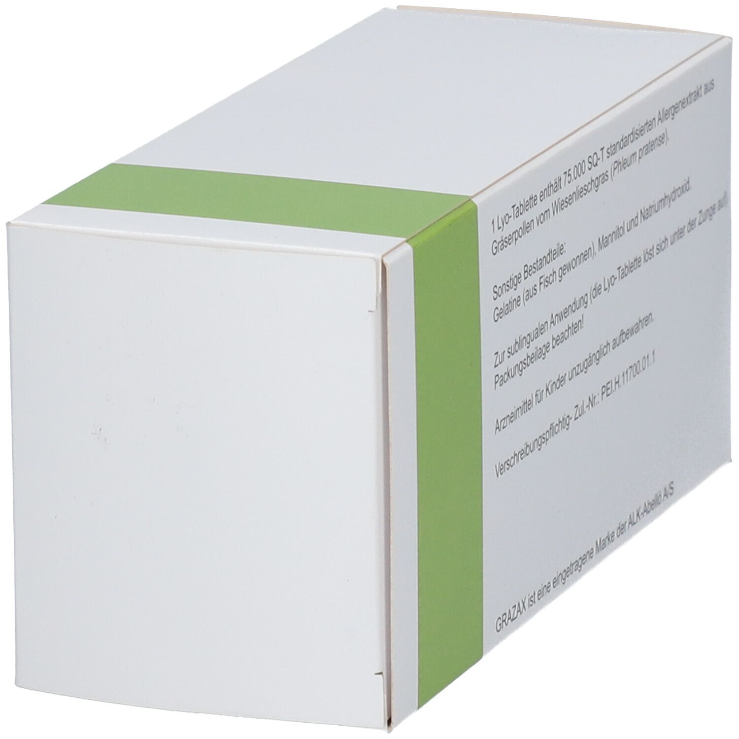 Weiße Schachtel mit grünem Streifen. Text: 1 Lyo-Tablette enthält 75.000 SQ-T. Seitenansicht.