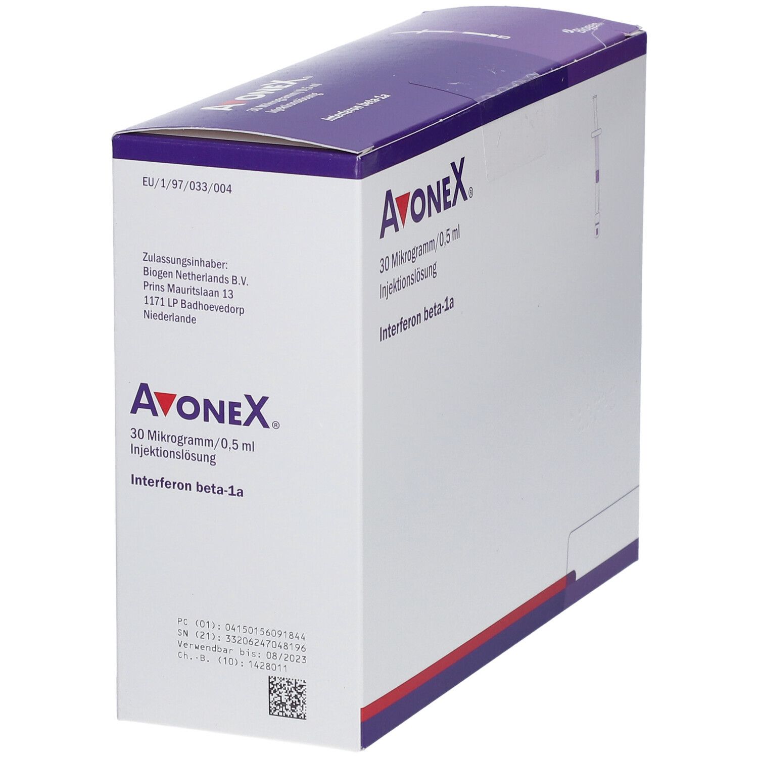 AVONEX-Schachtel, schräg. Aufschrift: 30 Mikrogramm/0,5 ml Injektionslösung. Interferon beta-1a. Weiße Schachtel mit lila Akzenten.