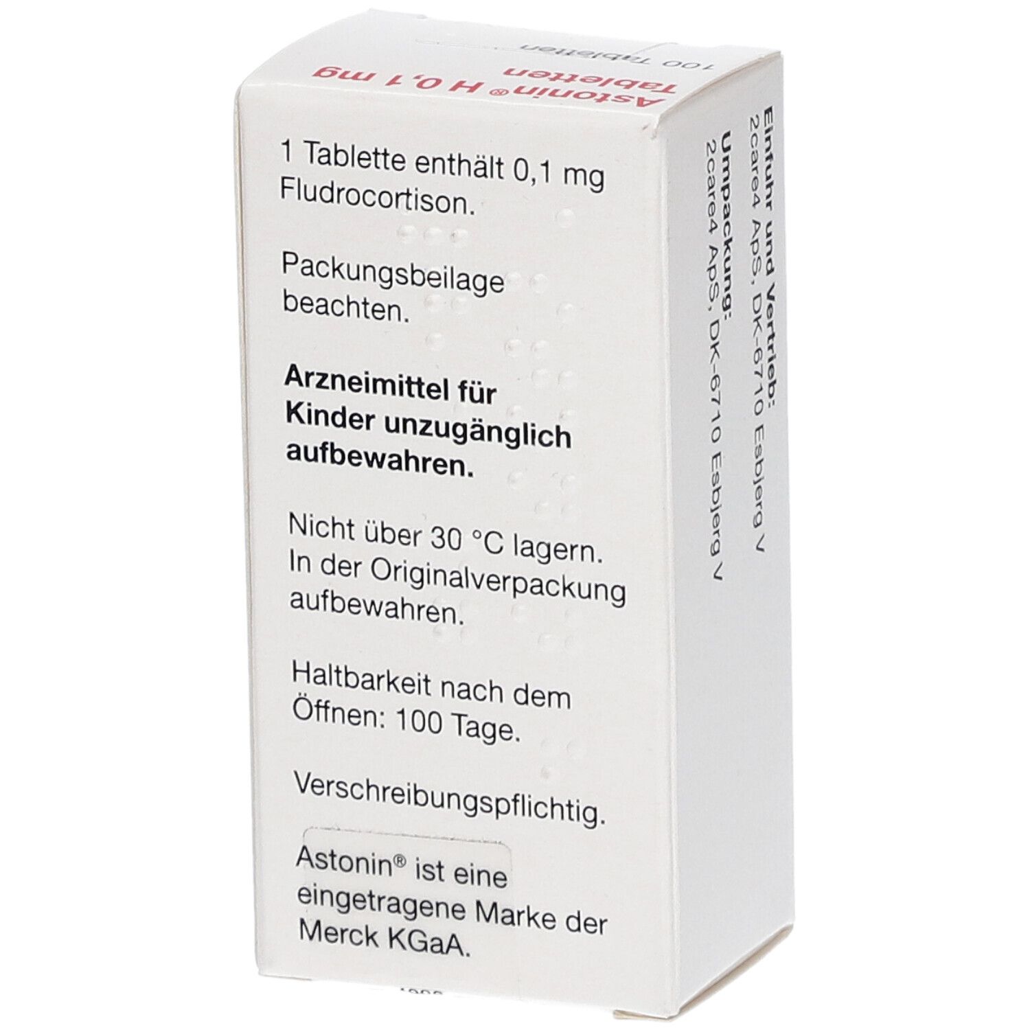 Tablettenbox, Seitenansicht. Text: 1 Tablette enthält 0,1 mg Fludrocortison. Hinweise zur Lagerung und Haltbarkeit.