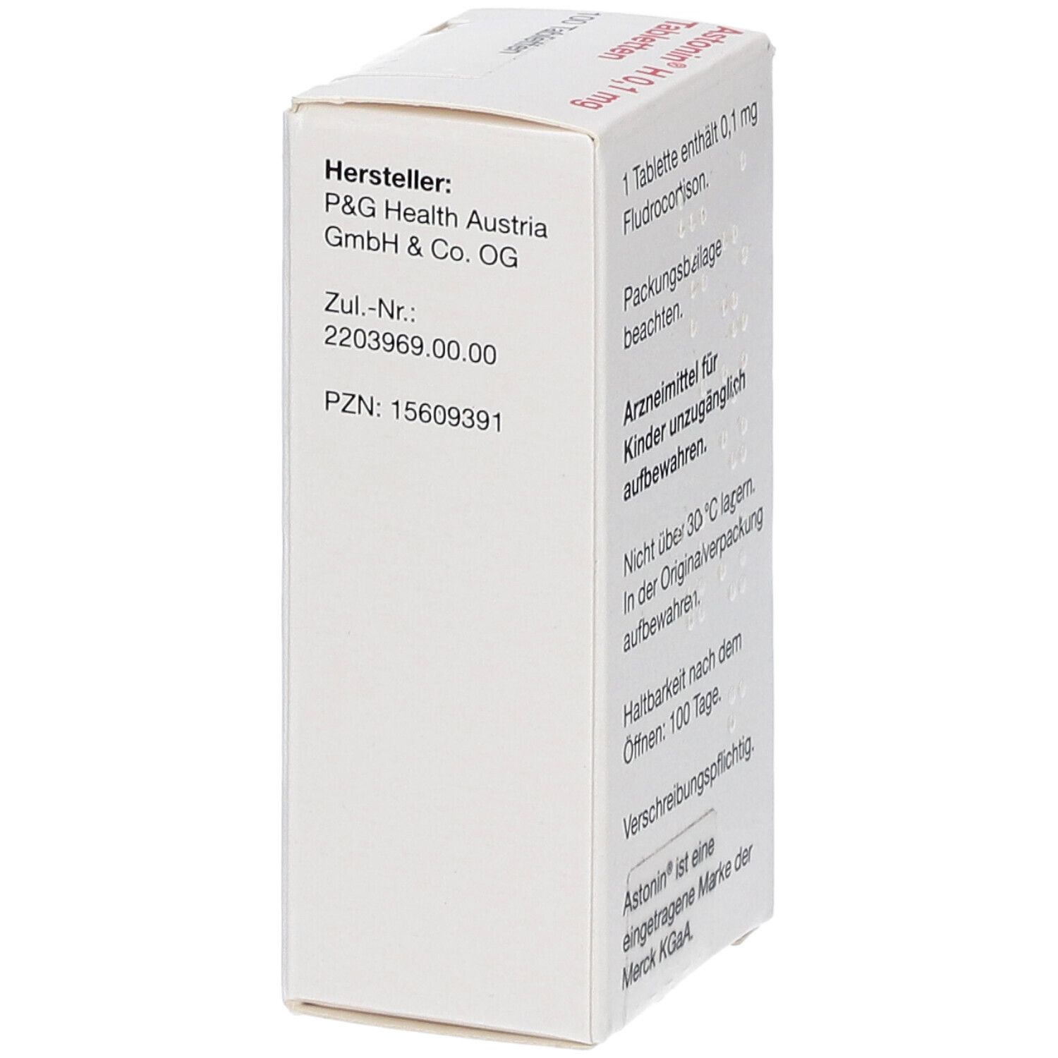 Tablettenbox, Seitenansicht. Hersteller: P&G Health Austria GmbH & Co. OG. Zul.-Nr.: 2203969.00.00, PZN: 15609391.