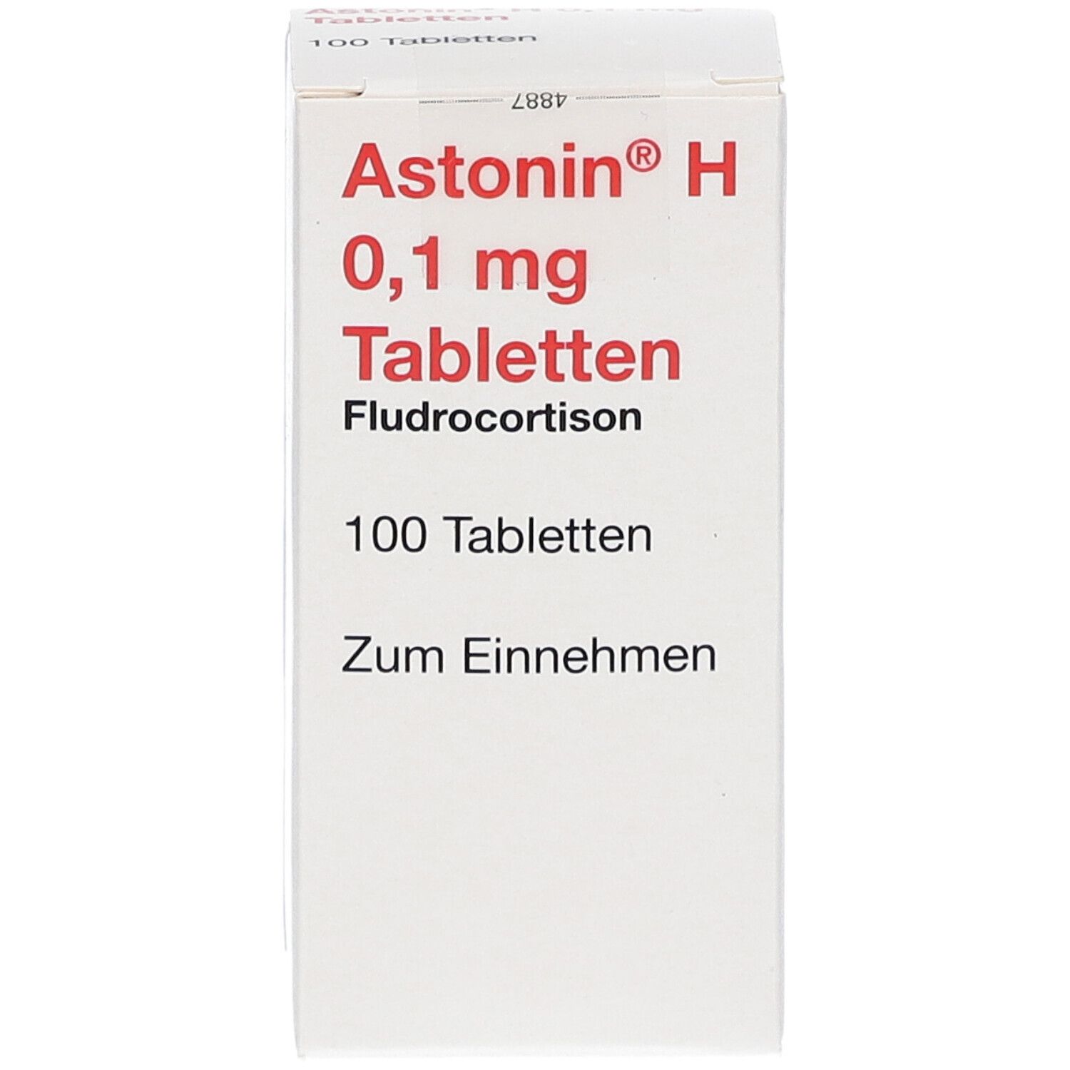 Weiße Tablettenschachtel mit roter Schrift. Aufschrift: Astonin H 0,1 mg Tabletten, 100 Tabletten. Fludrocortison.